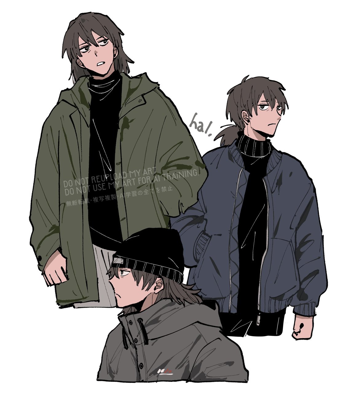kabe hal, aragaki shinjirou, persona, persona 3, commentary request, highres, 1boy, arm at side, beanie, black hat, black shirt, blue jacket, brown eyes, brown hair, closed mouth, cropped legs, cropped shoulders, frown, green jacket, grey jacket, hair between eyes, hand in pocket, hat, jacket, long hair, long sleeves, looking to the side, male focus, multiple views, open clothes, open jacket, ponytail, shirt, signature, simple background, turtleneck, turtleneck shirt, white background