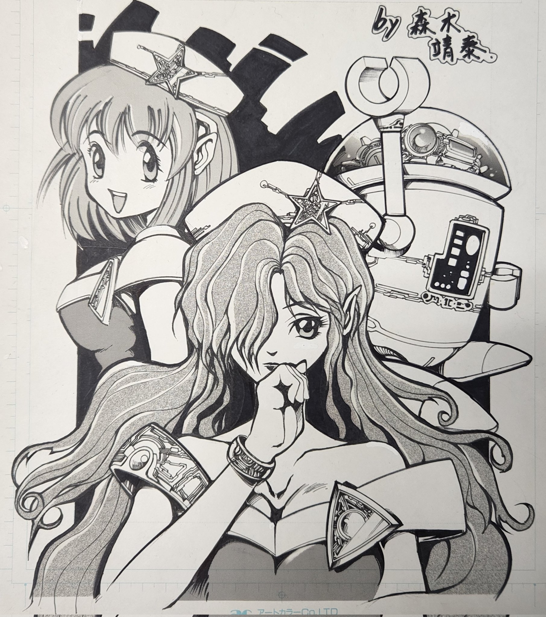 moriki yasuhiro, commentary, highres, third-party source, traditional media, 2girls, arm up, bracelet, breasts, cleavage, closed mouth, collarbone, dokidoki vampire, dress, greyscale, hair over one eye, hand up, hat, hat ornament, jewelry, kiyomi (dokidoki vampire), long hair, looking at viewer, medium breasts, medium hair, monochrome, multiple girls, non-humanoid robot, open mouth, pointy ears, robot, smile, star (symbol), star hat ornament, teeth, upper teeth only, yurie (dokidoki vampire)