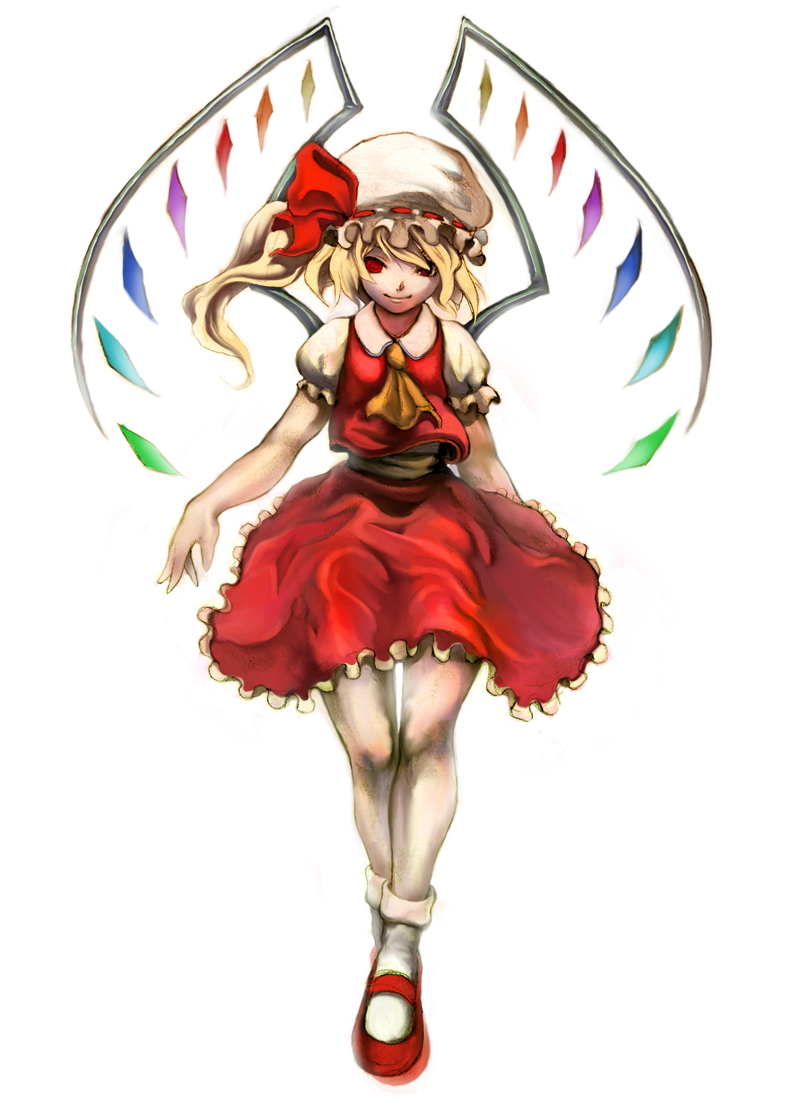 ibn, sbn (pixiv), flandre scarlet, touhou, bad id, bad pixiv id, 1girl, blonde hair, blouse, collared shirt, dress, female focus, hat, mob cap, red eyes, red shoes, shirt, shoes, side ponytail, skirt, smile, socks, solo, white hat, white shirt, white socks, wings