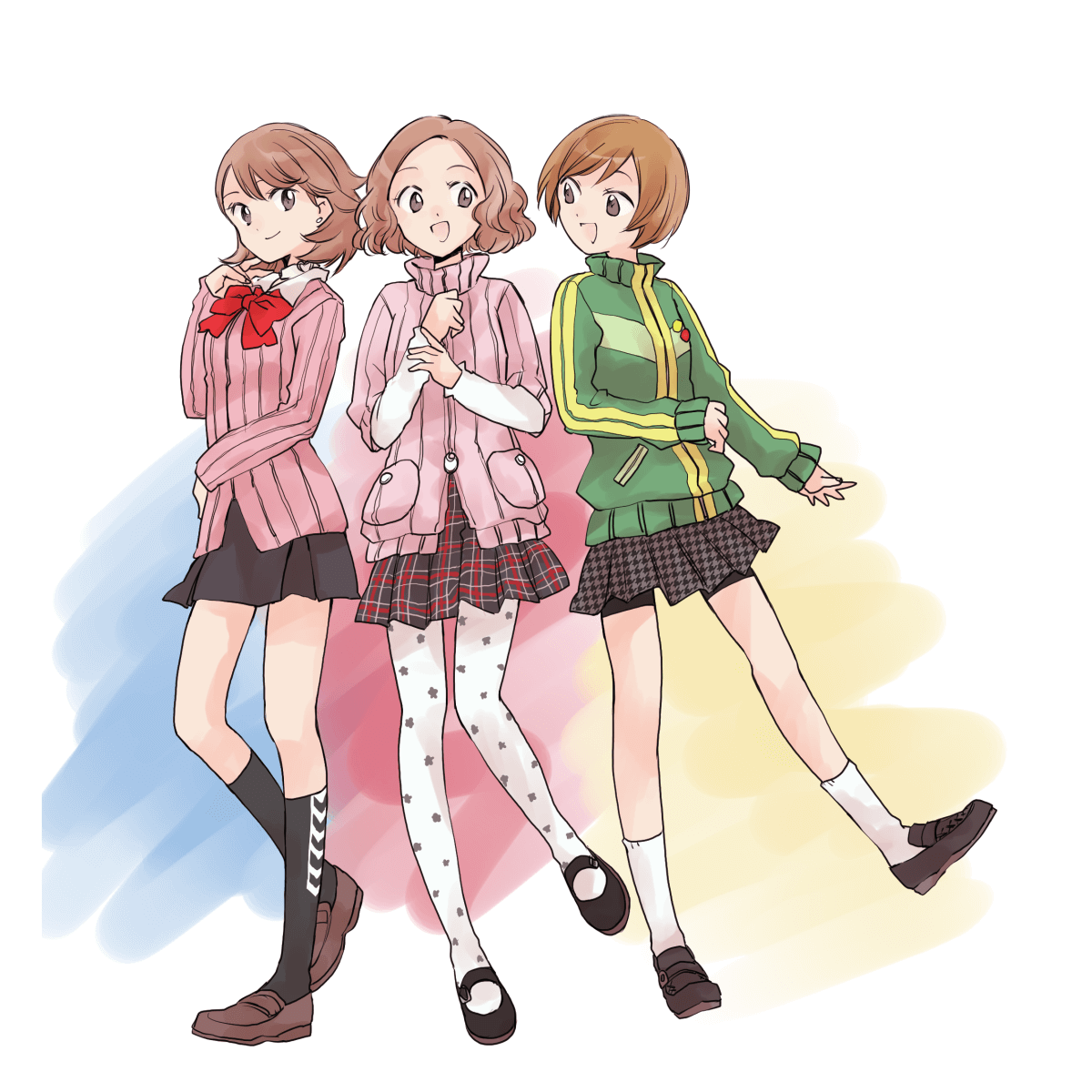 mysk918, okumura haru, satonaka chie, takeba yukari, persona, persona 3, persona 4, persona 5, commentary request, highres, 3girls, bike shorts under skirt, black shoes, black skirt, black socks, bow, bowtie, brown eyes, brown hair, brown shoes, cardigan, checkered clothes, checkered skirt, choker, closed mouth, collared shirt, earrings, flipped hair, full body, gekkoukan high school uniform, green jacket, in-franchise crossover, jacket, jewelry, kneehighs, long sleeves, looking at another, miniskirt, multiple girls, open mouth, pantyhose, pink cardigan, pleated skirt, red bow, red bowtie, school uniform, shirt, shoes, short hair, shuujin academy school uniform, skirt, smile, socks, stud earrings, track jacket, white choker, white pantyhose, white shirt, white socks, yasogami school uniform, zipper