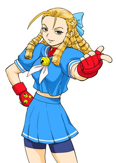 kanzuki karin, capcom, street fighter, street fighter zero (series), 1990s (style), 1girl, alternate color, bike shorts, blonde hair, blue sailor collar, braid, brown eyes, drill hair, female focus, fingerless gloves, gloves, hair slicked back, pointing, retro artstyle, ribbon, sailor collar, school uniform, serafuku, skirt, smile, solo