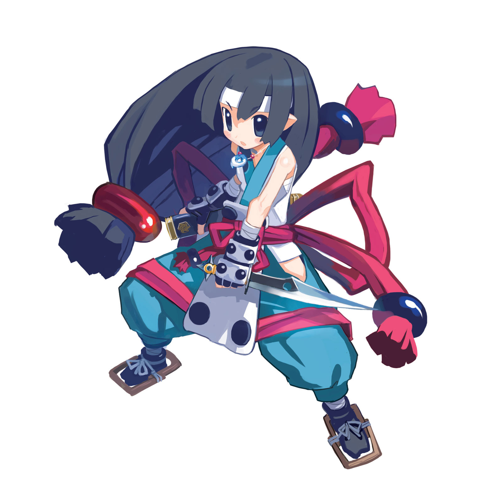 harada takehito, yukimaru, disgaea, makai senki disgaea 2, nippon ichi, highres, official art, 1girl, bandages, black eyes, black hair, female focus, gloves, headband, japanese clothes, jewelry, long hair, low-tied long hair, necklace, ninja, pointy ears, ribbon, solo, sword, weapon, white background