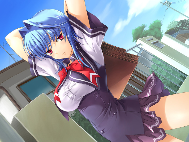 kinmedai pink, fujiki mika, huziki mika, houou senki maimu, game cg, source request, 1girl, arms behind head, bag, blue hair, bored, bow, breasts, day, female focus, large breasts, miniskirt, outdoors, red eyes, school bag, school uniform, serafuku, short hair, skirt, sky, solo, tree