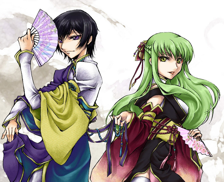 sk (siki tks), c.c., lelouch vi britannia, code geass, 00s, arm warmers, black hair, chinese clothes, folding fan, green hair, hand fan, purple eyes, yellow eyes