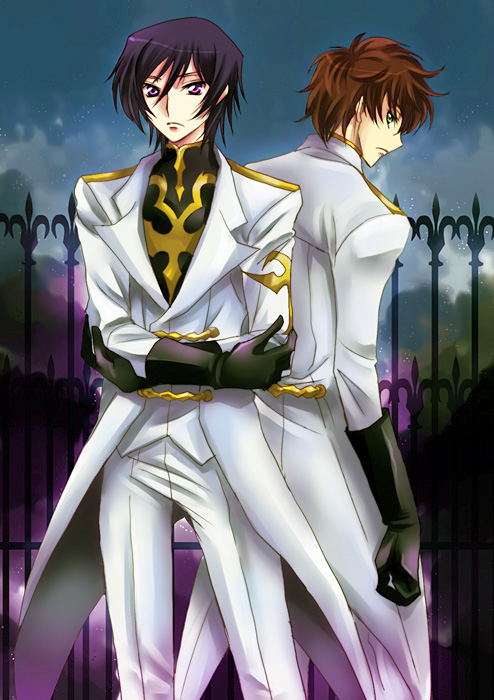koromo (kinu), kururugi suzaku, lelouch vi britannia, code geass, bad id, bad pixiv id, 00s, 2boys, black hair, brown hair, gloves, green eyes, male focus, multiple boys, purple eyes