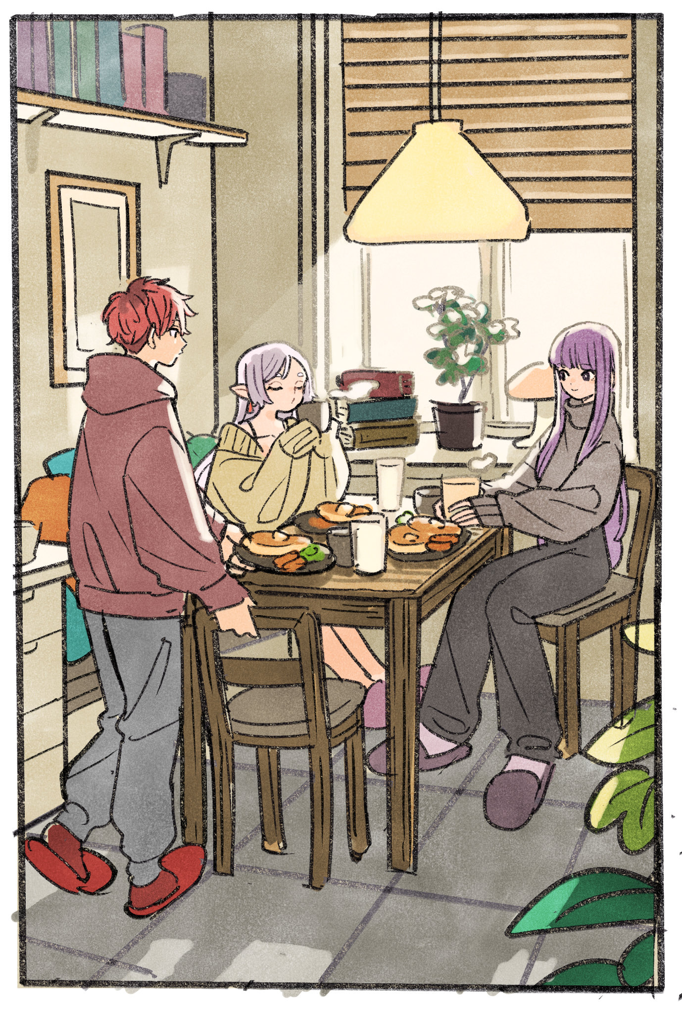 takeuchi ryousuke, fern (sousou no frieren), frieren, stark (sousou no frieren), sousou no frieren, highres, black pants, blunt bangs, bookshelf, border, breakfast, brown hoodie, chair, closed eyes, cup, earrings, food, grey hair, grey pants, grey slippers, grey sweater, holding, holding cup, hood, hood down, hoodie, indoors, jewelry, long hair, looking at another, off-shoulder sweater, off shoulder, pancake, pants, parted bangs, picture frame, plant, pointy ears, potted plant, purple eyes, purple hair, purple slippers, red hair, red slippers, short hair, sitting, slippers, steaming cup, sunlight, sweater, table, tile floor, tiles, turtleneck, turtleneck sweater, walking, white border, window, yellow sweater
