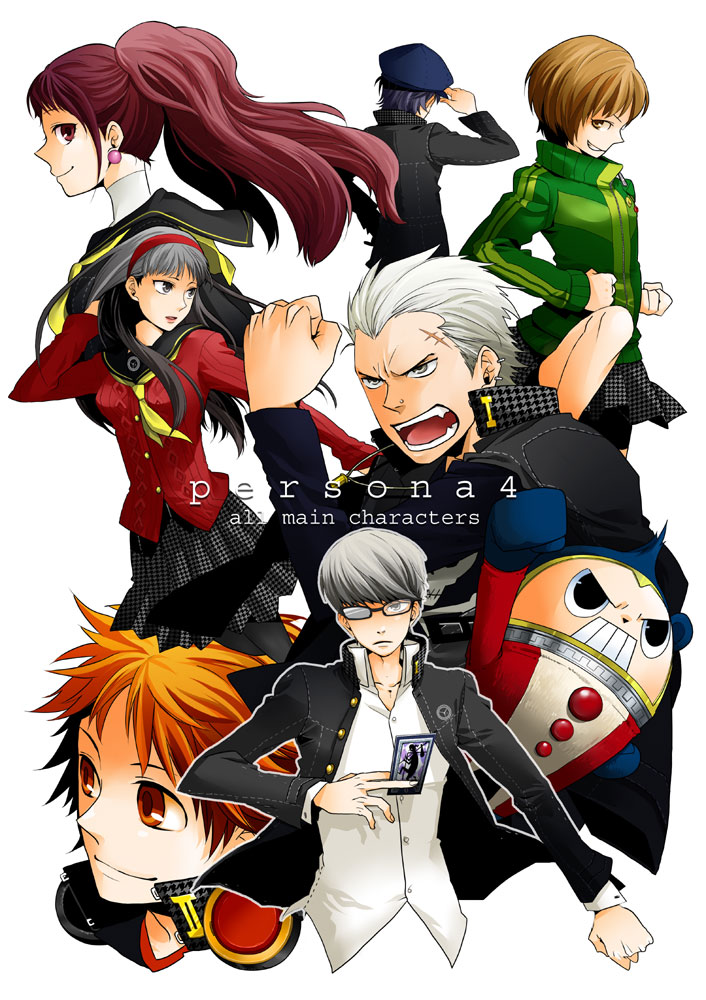 fugaku, fugaku (hanaimomo), amagi yukiko, hanamura yousuke, kujikawa rise, kuma (persona 4), narukami yu, satonaka chie, shirogane naoto, tatsumi kanji, atlus, persona, persona 4, 3boys, 4girls, glasses, hat, headphones, headphones around neck, multiple boys, multiple girls, school uniform