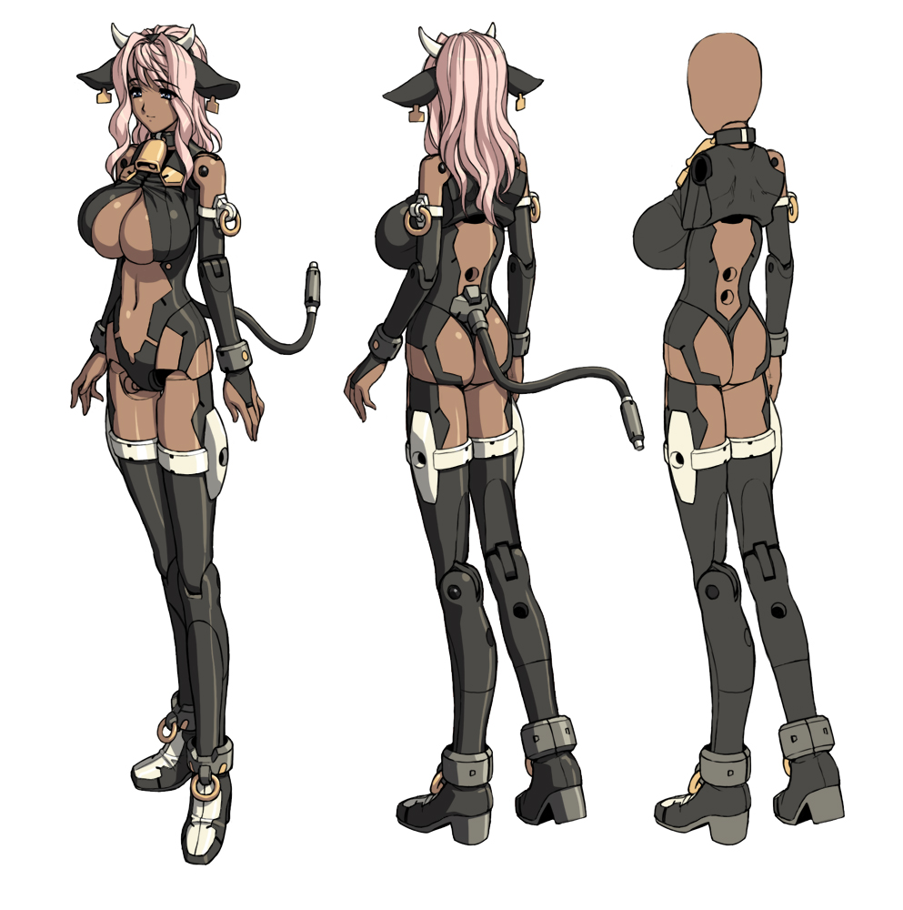 magaki ryouta, busou shinki, original, 10s, 1girl, android, animal ears, back, bell, blue eyes, breasts, cleavage, collar, cow girl, cowbell, dark-skinned female, dark skin, doll joints, horns, huge breasts, joints, large breasts, neck bell, tail, thighhighs
