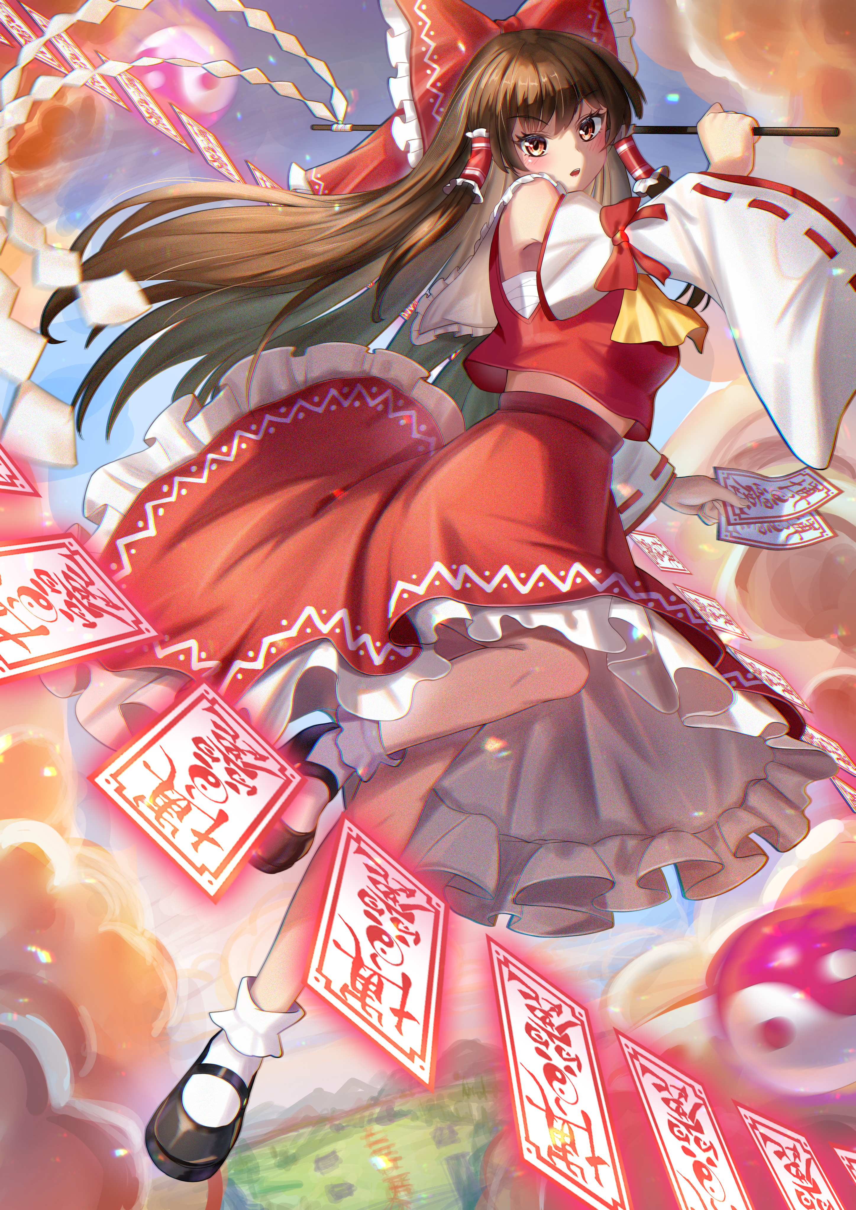 taichi58292223, hakurei reimu, touhou, absurdres, commentary request, highres, 1girl, ascot, black shoes, bow, breasts, brown eyes, brown hair, chest sarashi, detached sleeves, frilled bow, frilled hair tubes, frilled skirt, frills, gohei, hair bow, hair tubes, holding, holding gohei, long hair, looking at viewer, mary janes, ofuda, open mouth, orb, red bow, red skirt, ribbon-trimmed sleeves, ribbon trim, sarashi, shoes, skirt, skirt set, socks, solo, white socks, yellow ascot, yin yang, yin yang orb