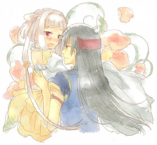 li xingke, tianzi, code geass, 00s, albino, black hair, blush, bride, carrying, dress, happy, long hair, red eyes, wedding dress, white hair