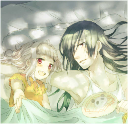 li xingke, tianzi, code geass, 00s, bed, black hair, brown eyes, couple, hand fan, pajamas, red eyes, white hair
