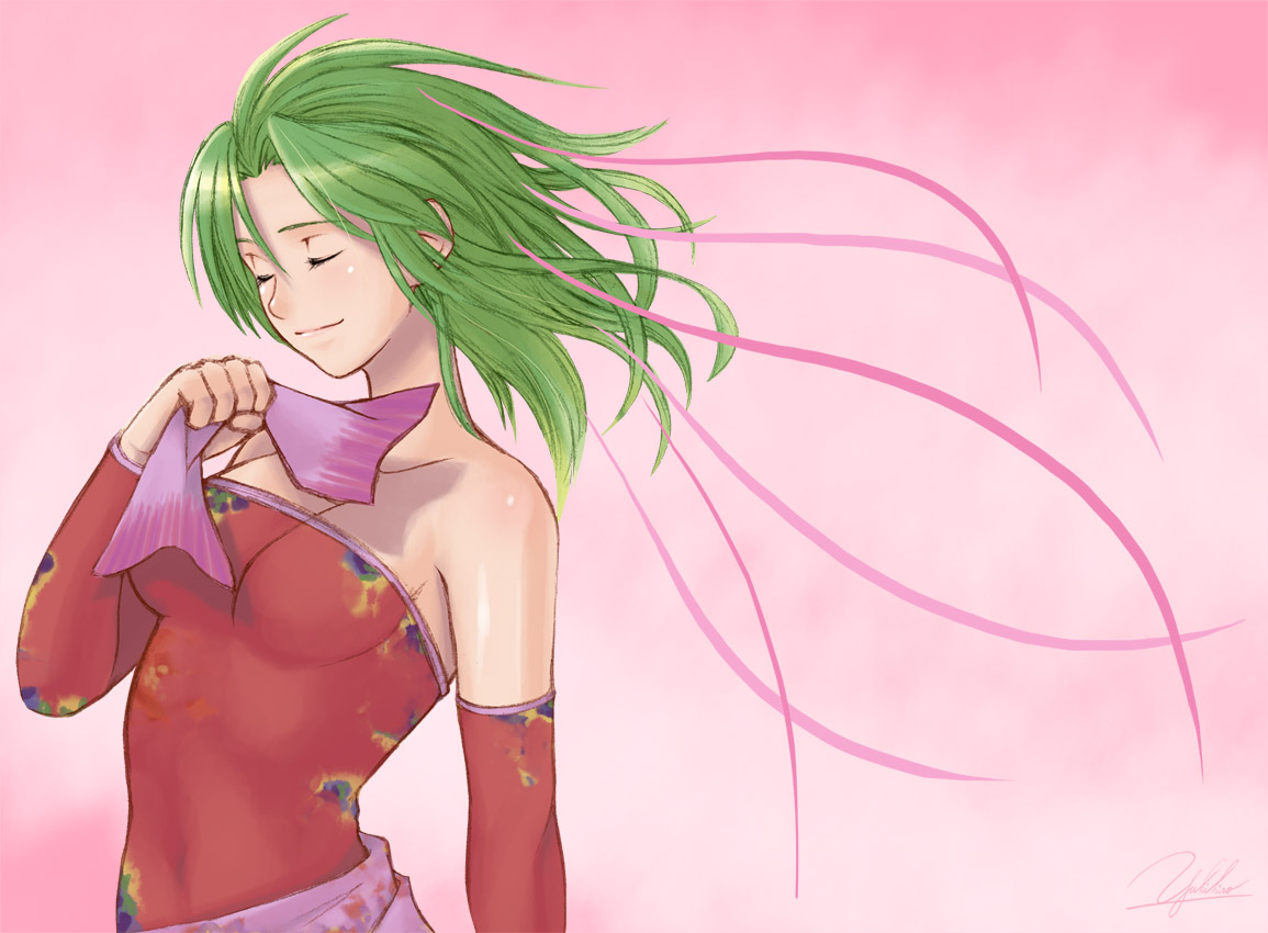 yukihiro, tina branford, final fantasy, final fantasy vi, 1990s (style), 1girl, breasts, closed eyes, detached sleeves, female focus, gradient background, green hair, retro artstyle, short hair, signature, sketch, solo