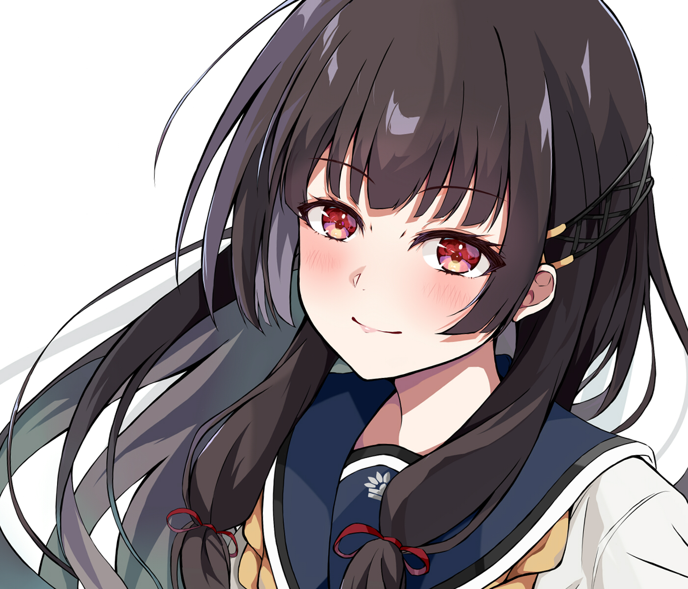 dairyo3, isokaze (kancolle), kantai collection, commentary request, highres, 1girl, black hair, blue sailor collar, blush, closed mouth, long hair, looking at viewer, red eyes, sailor collar, sailor shirt, school uniform, serafuku, shirt, simple background, smile, solo, upper body, white background, wispy bangs