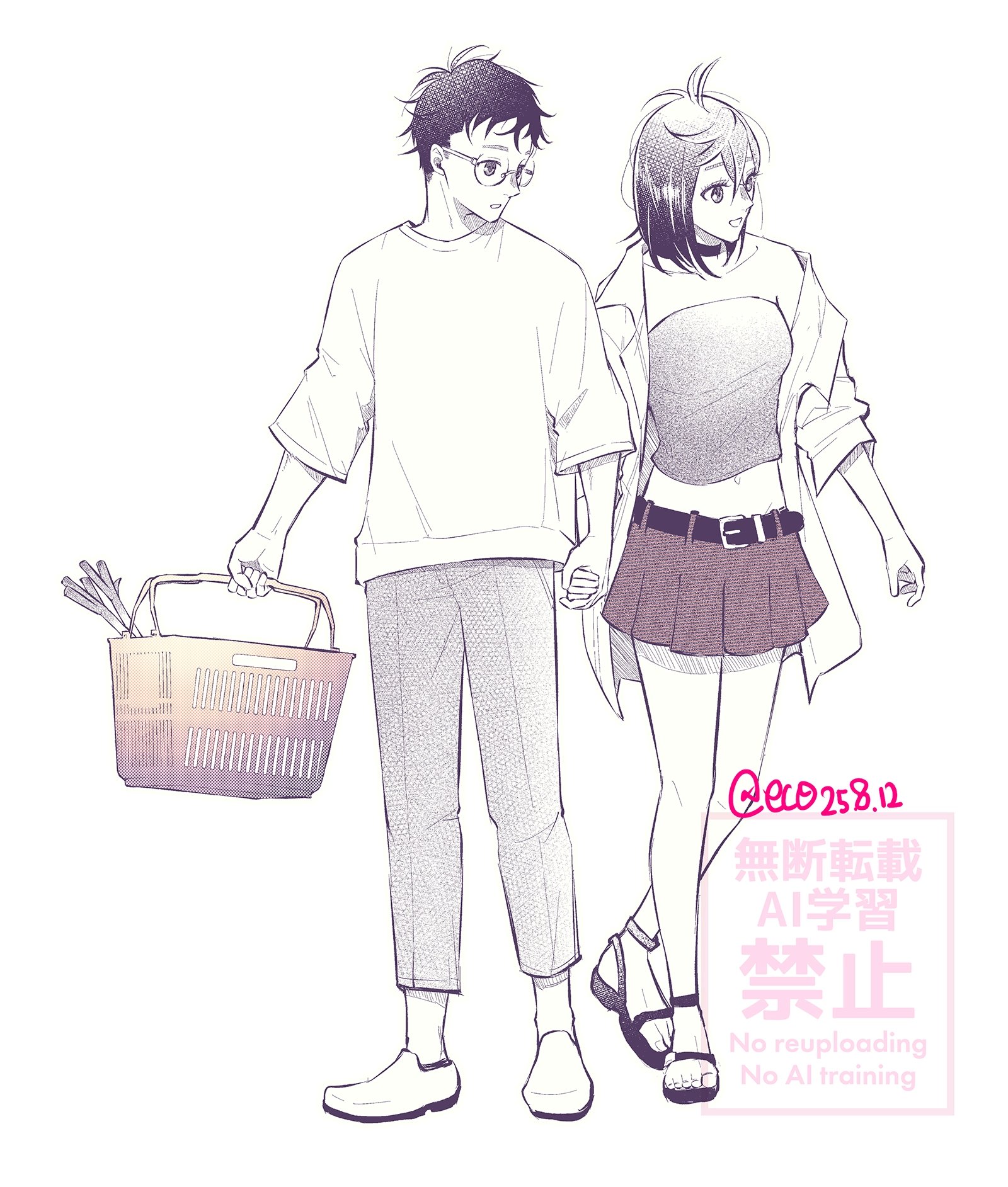 ayase momo, takakura ken (dandadan), dandadan, highres, 1boy, 1girl, basket, belt, belt buckle, black belt, black choker, black hair, black sandals, breasts, buckle, choker, couple, eco 0000, full body, glasses, grey pants, hair between eyes, hetero, holding, holding basket, holding hands, jacket, medium breasts, medium hair, messy hair, midriff, navel, pants, parted lips, pleated skirt, round eyewear, sandals, shirt, shoes, shopping, shopping basket, short hair, skirt, sleeves rolled up, smile, spring onion, strapless, tube top, twitter username, watermark, white background, white jacket, white shirt, white shoes