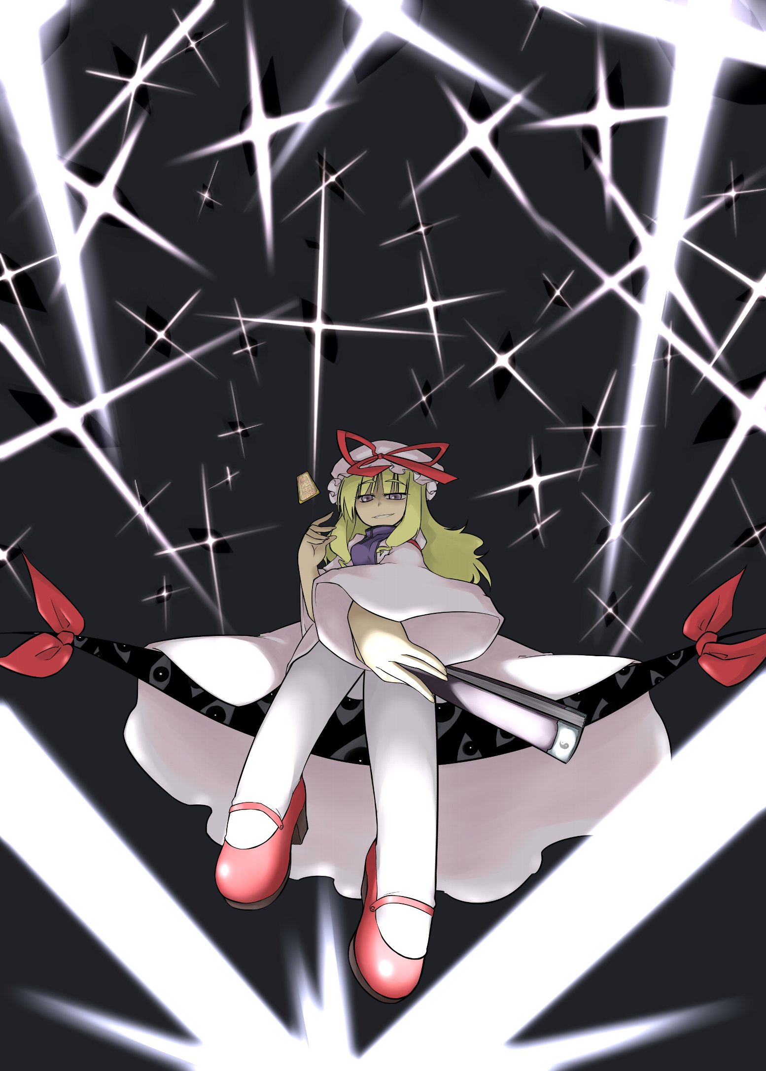 ogihara mach, yakumo yukari, touhou, bad id, bad pixiv id, highres, 1girl, blonde hair, danmaku, female focus, folded fan, folding fan, gap (touhou), grin, hand fan, hat, long hair, mary janes, purple eyes, ribbon, shoes, smile, solo