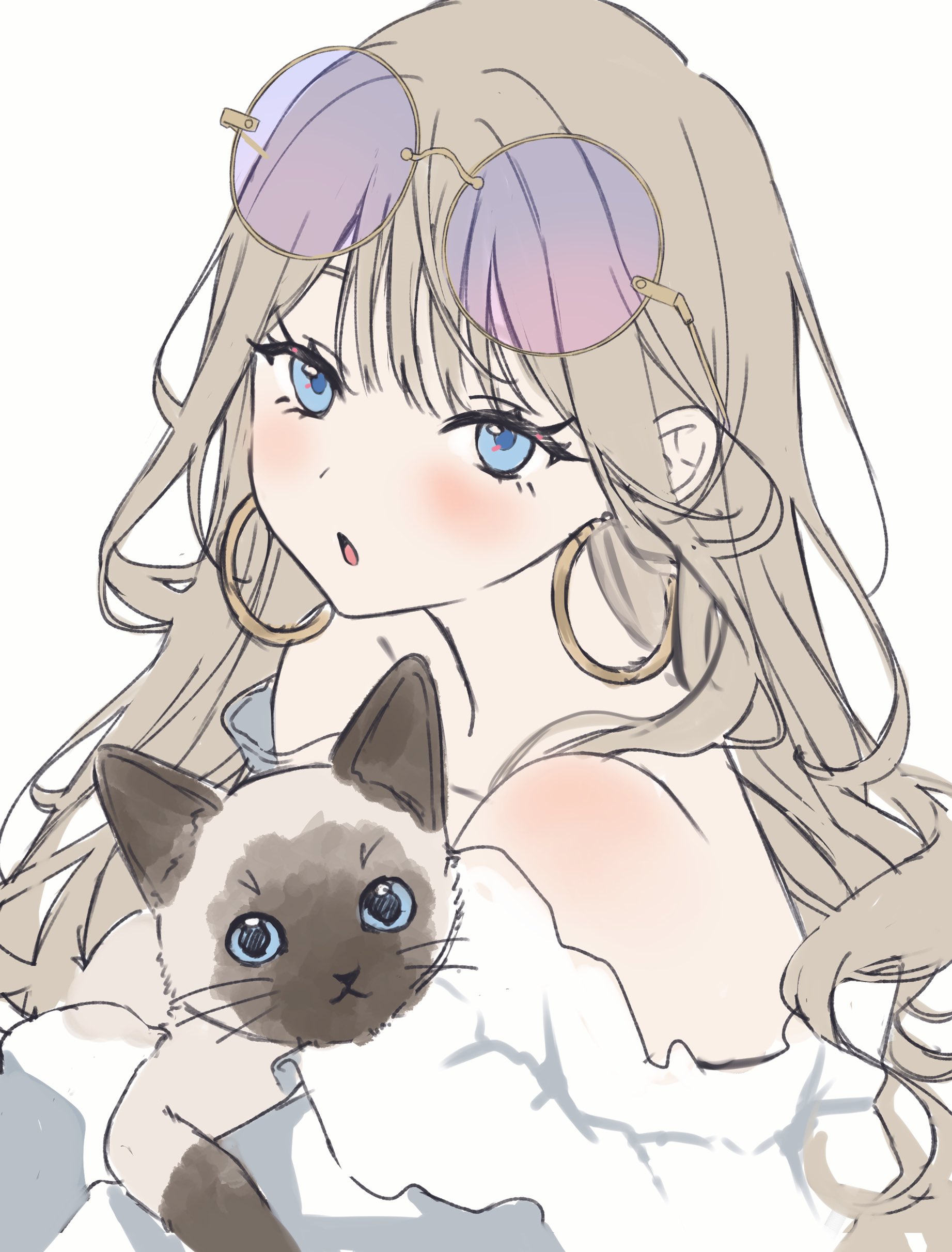 nekotora (nekotora0116), original, absurdres, commentary request, highres, 1girl, :3, :o, blonde hair, blue eyes, blush, cat, choppy bangs, collarbone, earrings, eyewear on head, hoop earrings, jewelry, long hair, looking at viewer, off shoulder, open mouth, round eyewear, shirt, shoulder blush, siamese cat, sidelocks, simple background, solo, sunglasses, white background, white shirt