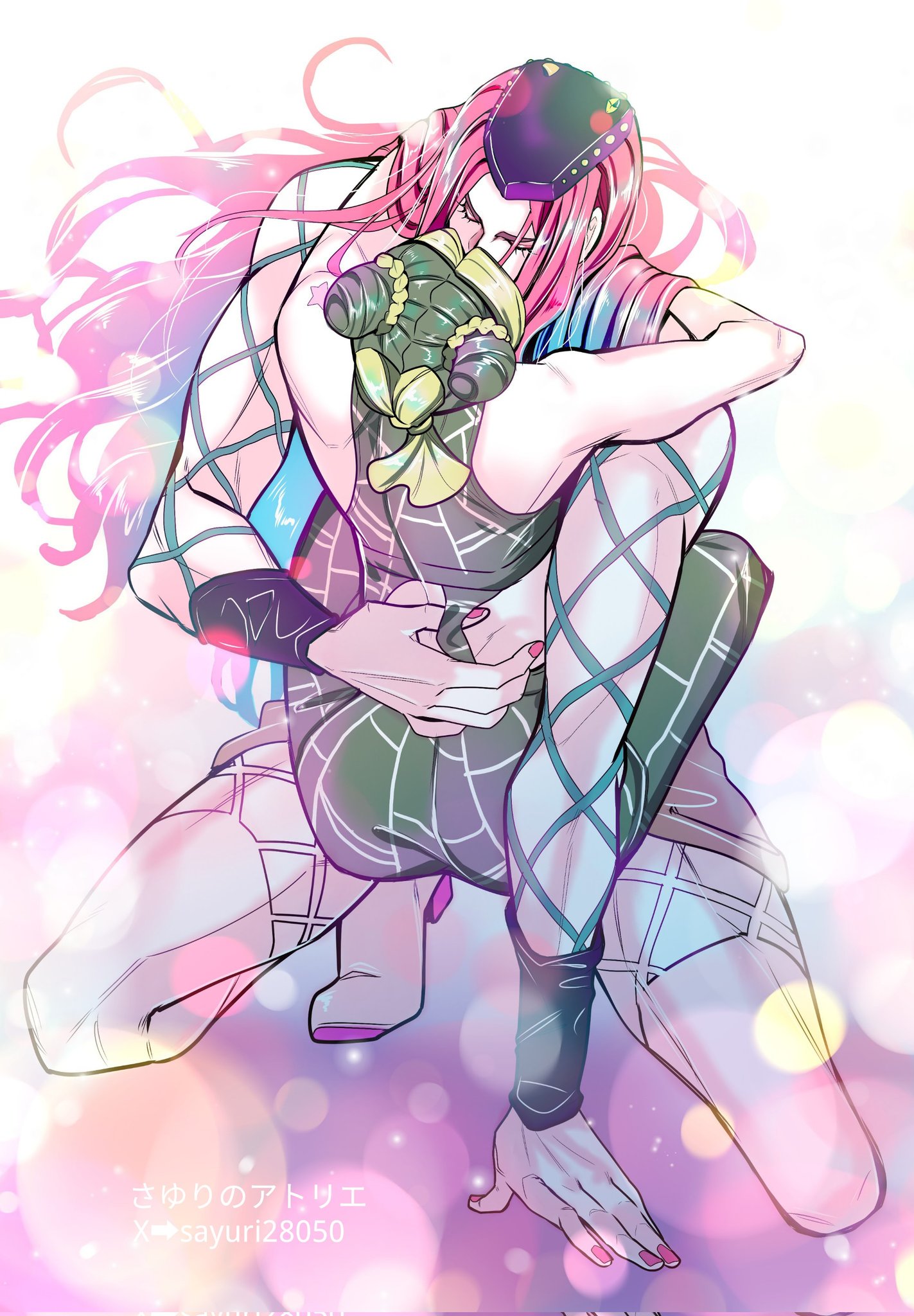 kuujou jolyne, narciso anasui, jojo no kimyou na bouken, stone ocean, commentary request, highres, 1boy, 1girl, brown skirt, closed eyes, cone hair bun, double bun, fishnet thighhighs, fishnet top, fishnets, green hair, green pants, hair bun, hat, hetero, hug, kiss, long hair, multicolored hair, pants, pink hair, pink nails, purple hat, sayuri28050, skirt, spider web print, squatting, thighhighs, two-tone hair, white thighhighs