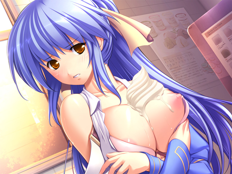 gunner-l, kinomoto asuka, oppai baka, breast hold, messy, game cg, non-web source, 1girl, areola slip, blue hair, blush, bra, breast slip, breasts, breasts squeezed together, brown eyes, cleavage, clenched teeth, crossed arms, detached sleeves, dutch angle, female focus, food, hair ribbon, huge breasts, ice cream, large breasts, lingerie, long hair, nipples, one breast out, orange eyes, ponytail, ribbon, school uniform, solo, sunset, sweat, teeth, underwear, very long hair, window