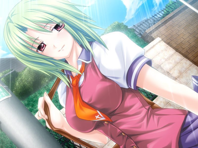 elieda, kougeki shoujo falselion, game cg, non-web source, source request, 1girl, bag, day, female focus, green hair, necktie, red eyes, school bag, school uniform, serafuku, sky, smile, solo, tree