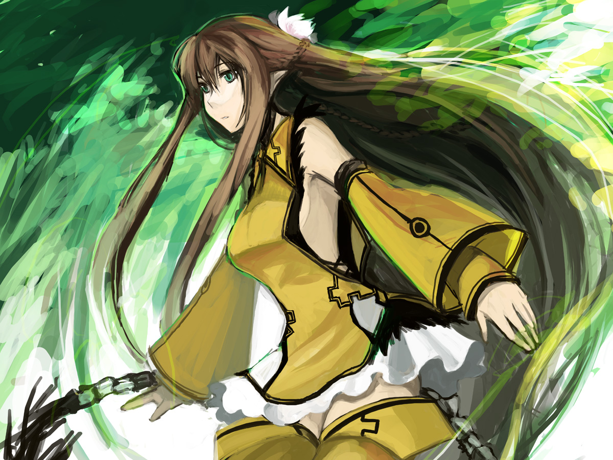 kgr, original, bad id, bad pixiv id, 1girl, breasts, brown hair, detached sleeves, female focus, green eyes, long hair, medium breasts, sideboob, solo, very long hair