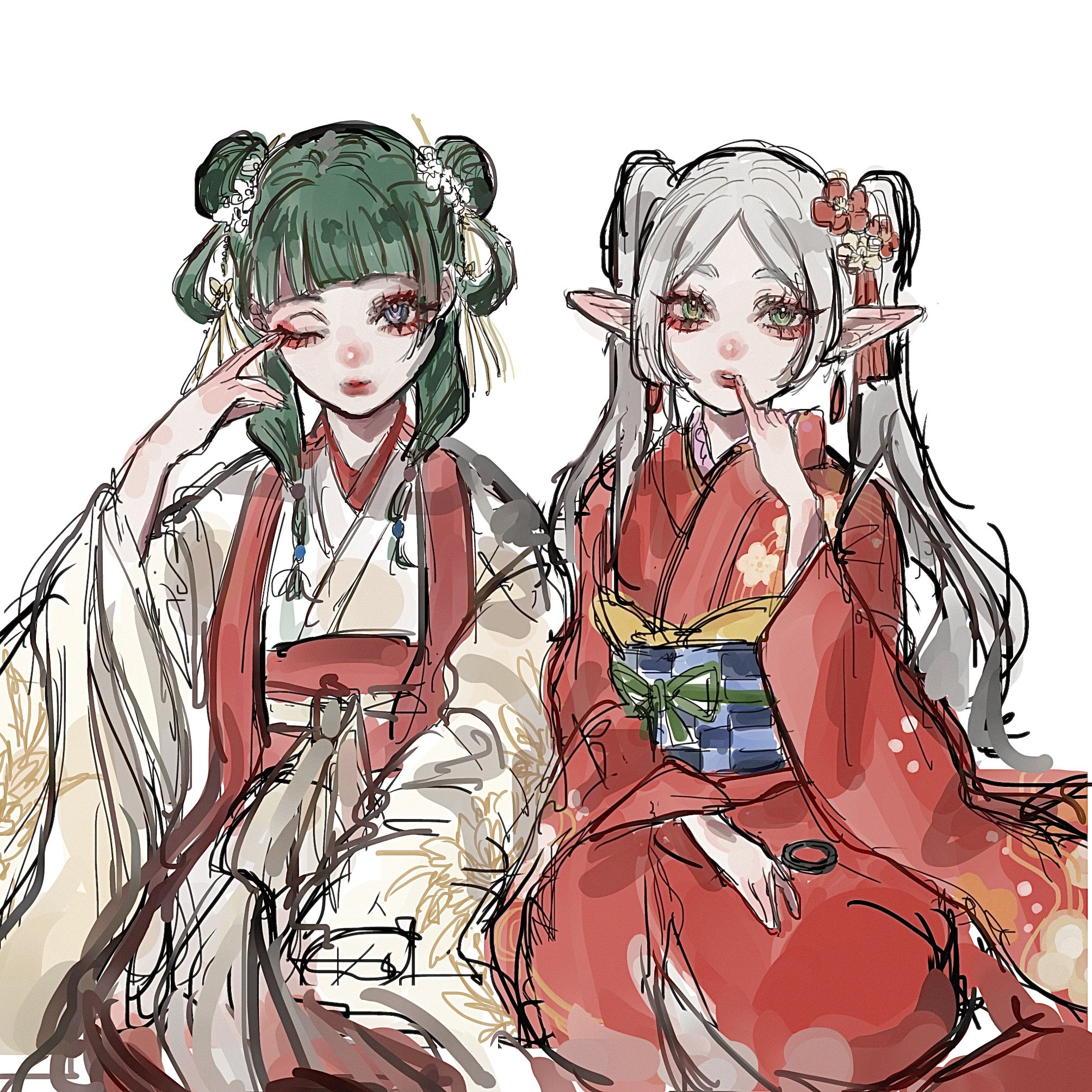 frieren, maomao (kusuriya no hitorigoto), kusuriya no hitorigoto, sousou no frieren, highres, 2girls, beads, blunt bangs, chinese clothes, double bun, earrings, eyeliner, finger to mouth, flower, green hair, grey hair, hair beads, hair bun, hair flower, hair ornament, hair rings, japanese clothes, jewelry, kimono, kneeling, leigh 113n, long hair, makeup, multiple girls, one eye closed, parted bangs, parted lips, pointy ears, red eyeliner, red kimono, rubbing eyes, sidelocks, tassel, tassel hair ornament, twintails, white background, wide sleeves