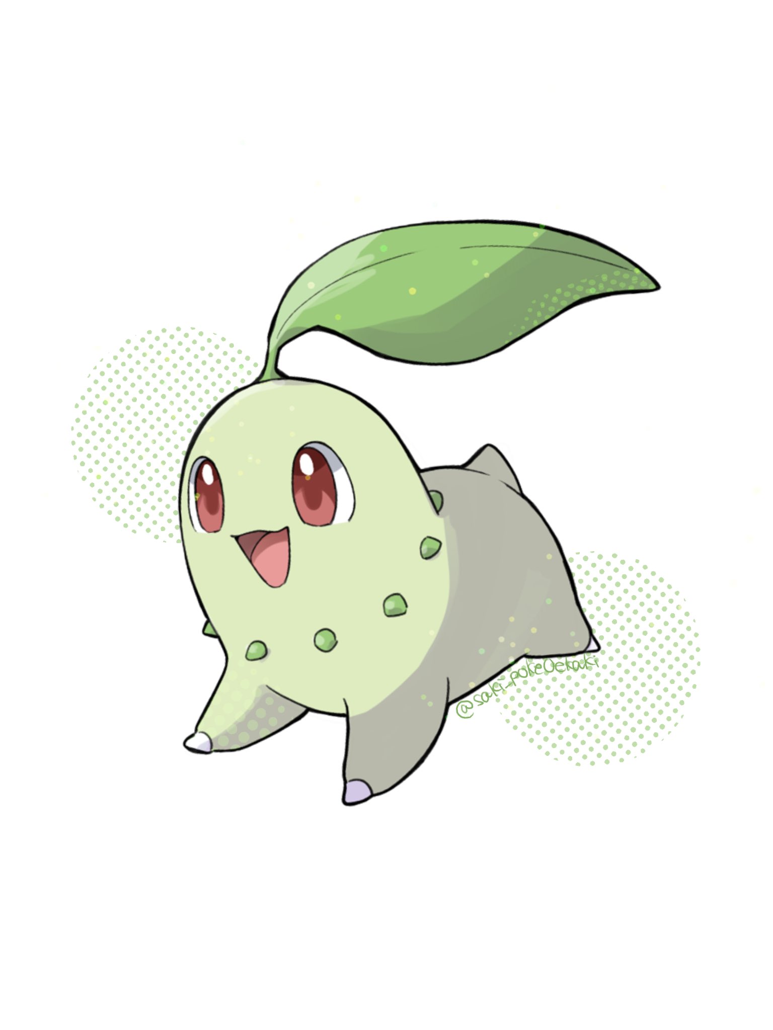 saki pokeoekaki, chikorita, nintendo, pokemon, highres, full body, gen 2 pokemon, leaf, no humans, open mouth, pokemon (creature), pokemon focus, red eyes, simple background, smile, solo, tail