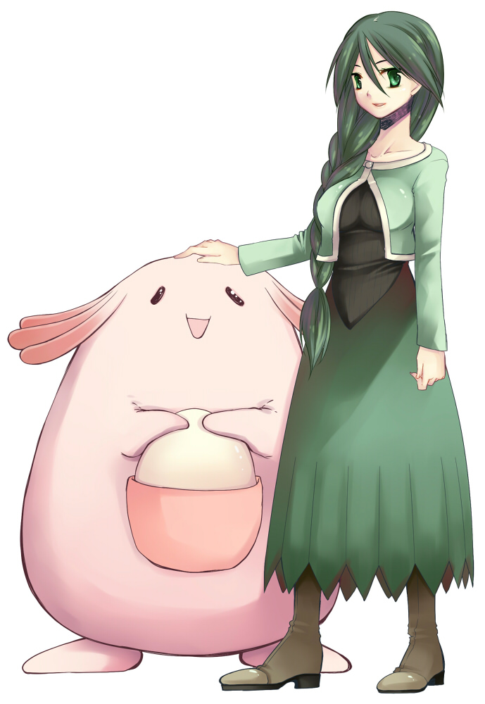 toriumi itachi, chansey, cheryl (pokemon), nintendo, pokemon, bad id, bad pixiv id, 1girl, braid, breasts, dress, gen 1 pokemon, green eyes, green hair, hair over shoulder, large breasts, long hair, pokemon (creature), side braid