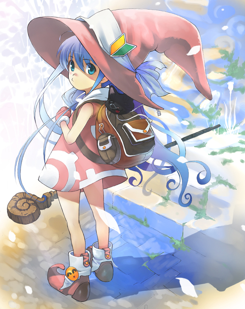 hirokiku, original, 1girl, backpack, bag, black cat, blue eyes, blue hair, boots, cat, child, dress, female focus, from side, hat, long hair, looking at viewer, looking back, matching hair/eyes, nose bubble, short dress, shoshinsha mark, sleeveless, sleeveless dress, solo, staff, standing, very long hair, wind, witch hat