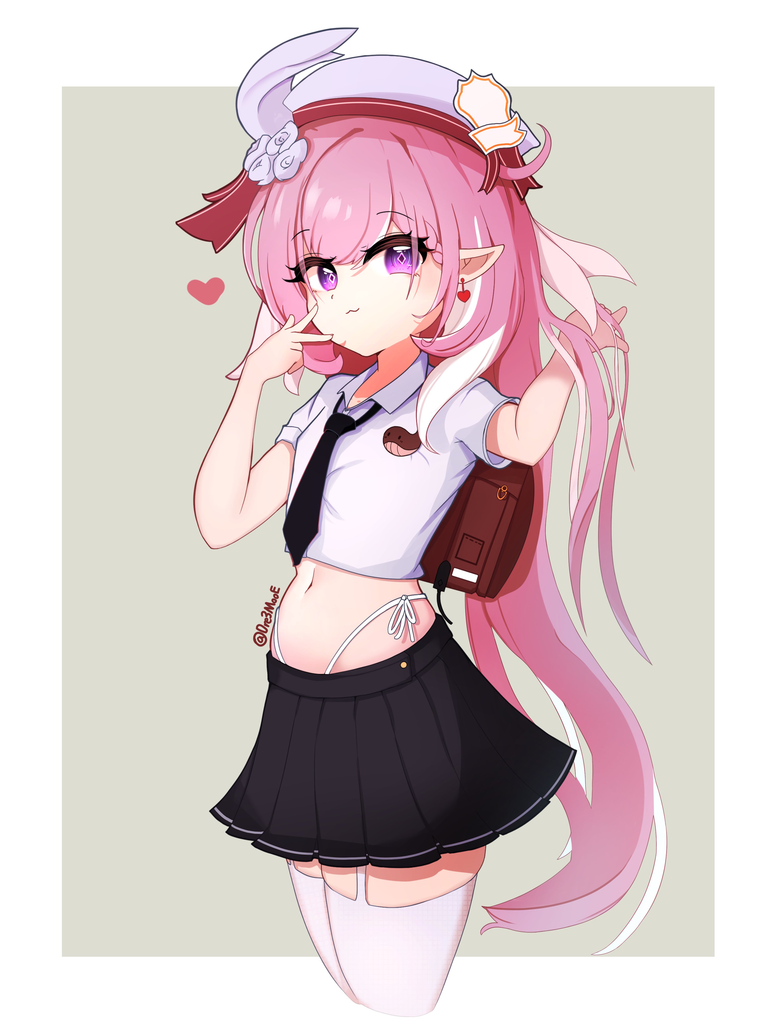 elysia (hi love elf) (honkai impact), elysia (honkai impact), honkai (series), honkai impact 3rd, absurdres, commentary, english commentary, highres, 1girl, aged down, alternate breast size (smaller), backpack, bag, black necktie, border, breasts, collared shirt, diamond-shaped pupils, diamond (shape), dr3amoon, earrings, elf, garter straps, grey background, heart, heart earrings, jewelry, long hair, midriff, multicolored hair, navel, necktie, panties, pink hair, pointy ears, purple eyes, shirt, small breasts, solo, symbol-shaped pupils, thighhighs, thighs, twitter username, two-tone hair, underwear, very long hair, white border, white garter straps, white hair, white panties, white shirt, white thighhighs, zettai ryouiki