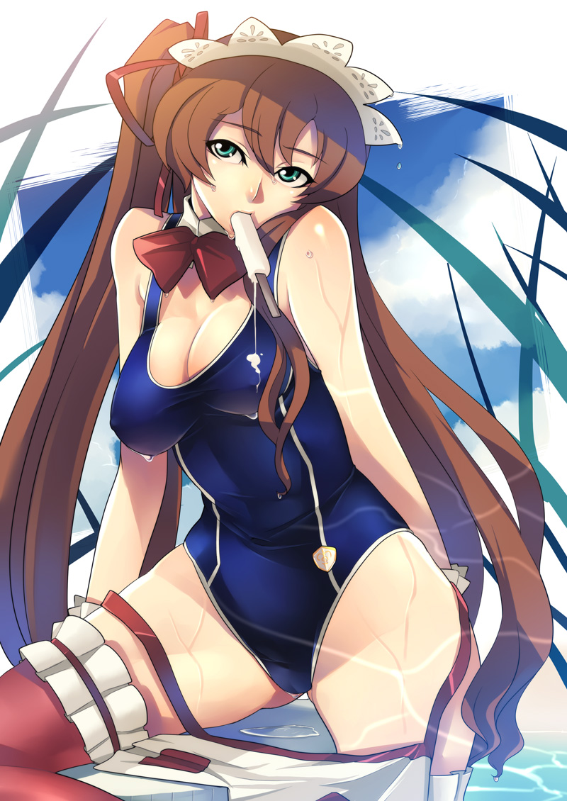 ban! (bansankan), shirley fenette, code geass, bad id, bad pixiv id, 00s, 1girl, blue eyes, breasts, brown hair, female focus, food, large breasts, long hair, maid headdress, melting, mouth hold, one-piece swimsuit, popsicle, solo, swimsuit, thighhighs, very long hair, water, wet