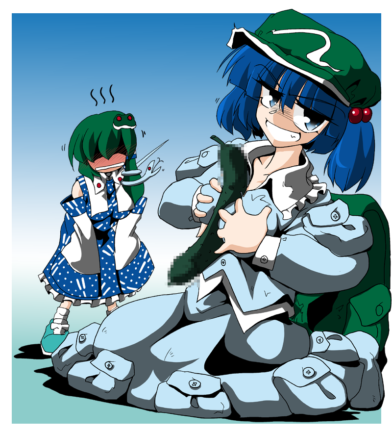 kieyza, kiezya, kawashiro nitori, kochiya sanae, touhou, bad id, bad pixiv id, 2girls, ascot, bag, between breasts, blue eyes, blue hair, blush, breasts, censored, cucumber, detached sleeves, dress, embarrassed, frills, frog, gradient background, green hair, grin, hair bobbles, hair ornament, hat, hidden eyes, kneeling, long hair, medium breasts, multiple girls, naughty face, paizuri, penis, phallic symbol, sexually suggestive, shoes, short hair, short twintails, simulated paizuri, smile, snake, twintails, two side up