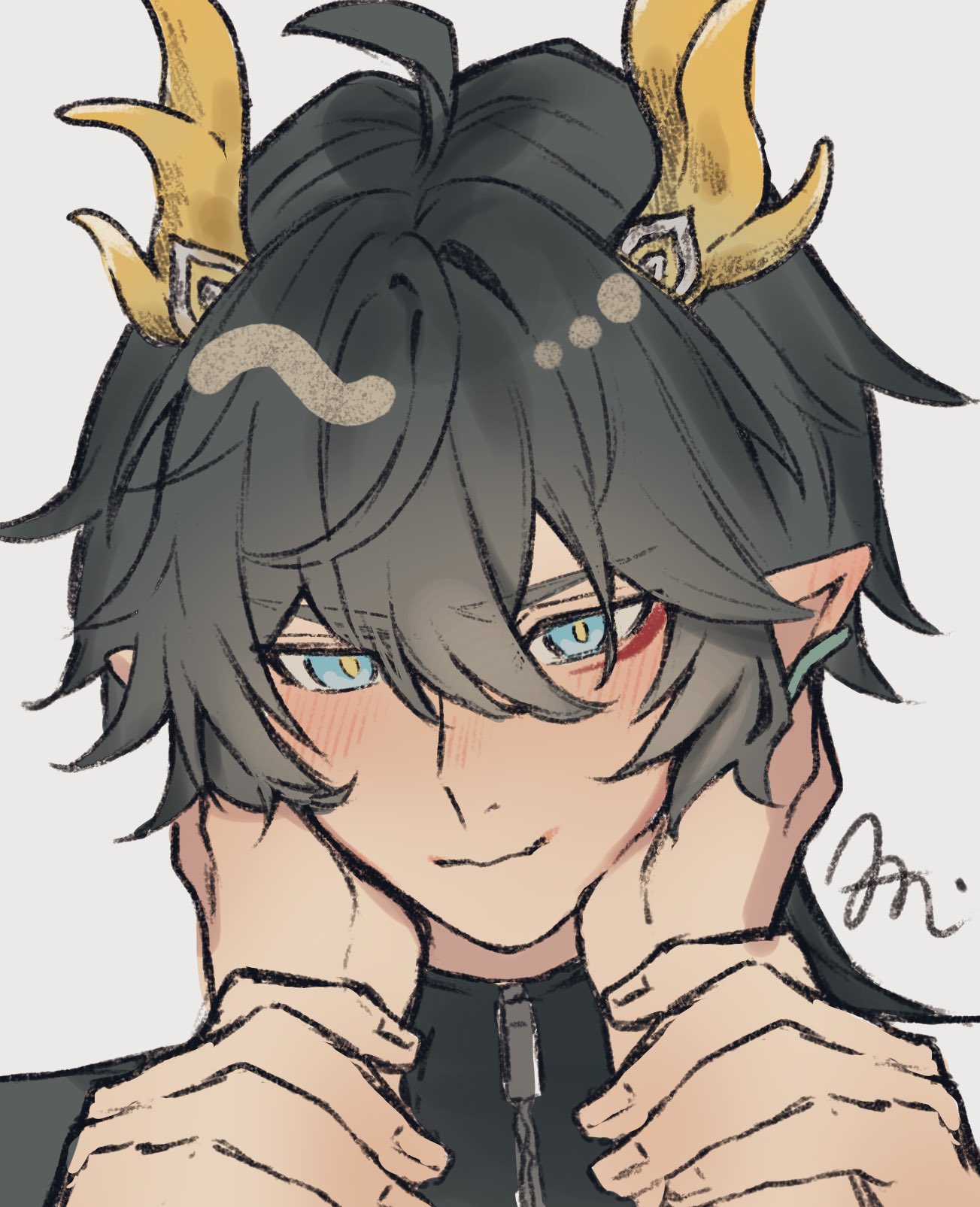 dan heng (honkai: star rail), dan heng (permansor terrae) (honkai: star rail), honkai: star rail, honkai (series), commentary request, highres, 1boy, 1other, black hair, black shirt, blush, closed mouth, dragon horns, ear piercing, facial mark, hand on another's face, hands on another's arms, horns, male focus, mani uni02, piercing, pointy ears, portrait, shirt, simple background, solo focus, white background, yellow horns, zipper, zipper pull tab