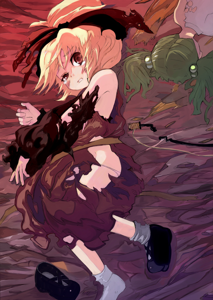 shape, syope, kisume, kurodani yamame, touhou, 2girls, ass, female focus, lying, multiple girls, panties, shoes, single shoe, socks, torn clothes, underwear