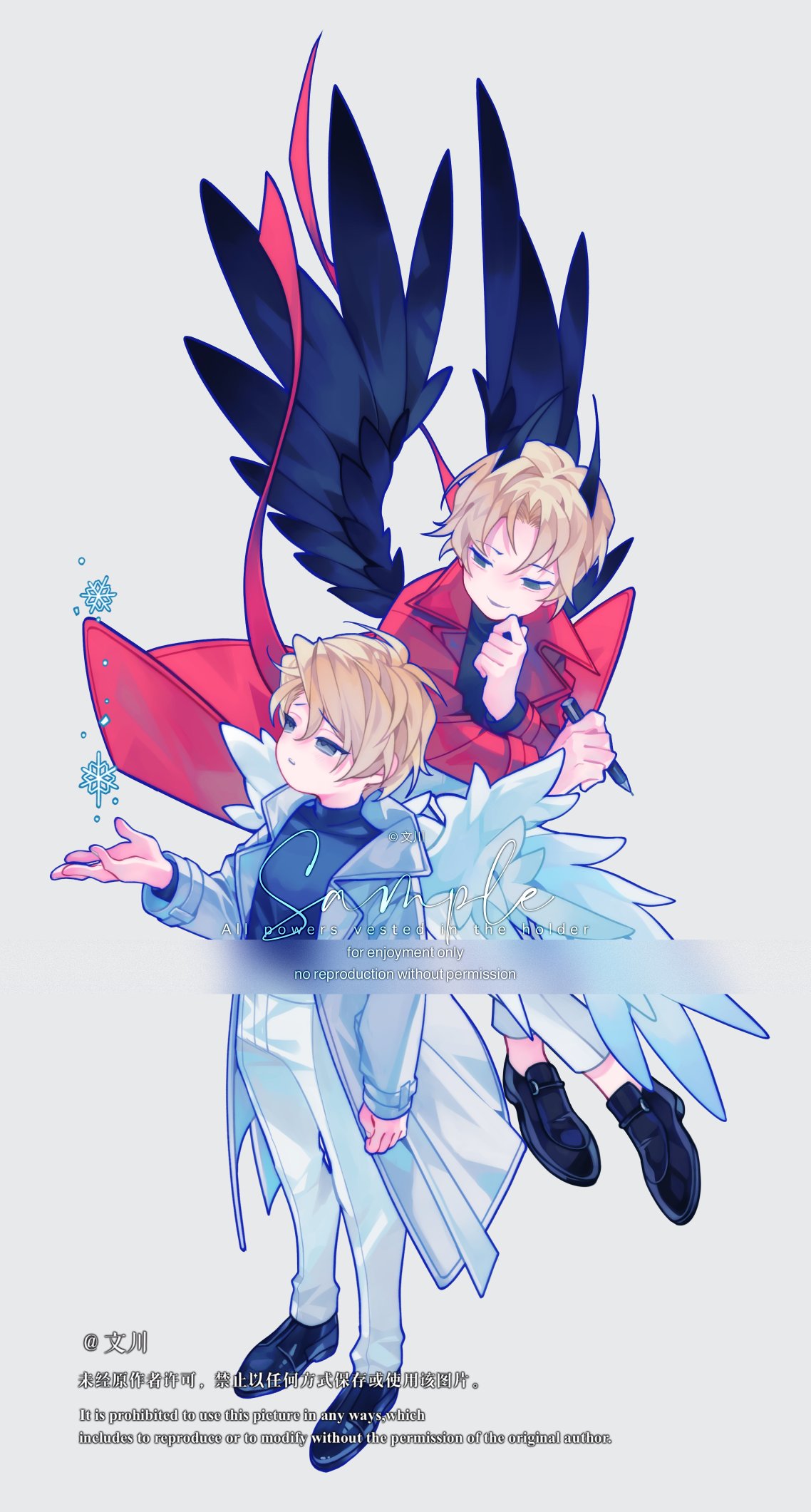 omniscient reader's viewpoint, highres, 2boys, black eyes, black shirt, black wings, blonde hair, cheon inho, coat, demon horns, feathered wings, full body, hand on own chin, holding, holding pen, horns, lee hakhyun, looking at another, male focus, multiple boys, nicayuko, official alternate costume, outstretched hand, pen, red coat, shirt, short hair, smirk, snowflakes, standing, white coat, white wings, wings