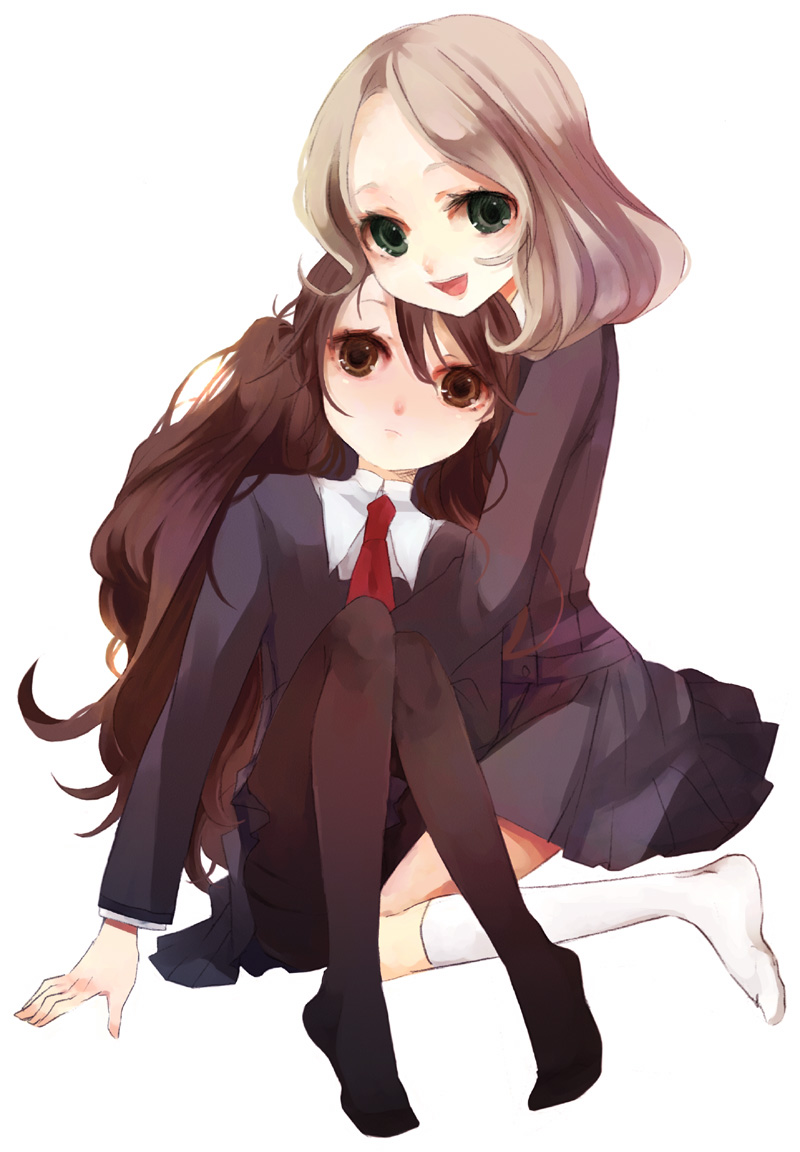 shimakoma, original, bad id, bad pixiv id, 2girls, blush, brown eyes, brown hair, green eyes, hug, long hair, multiple girls, pantyhose, school uniform, skirt, socks