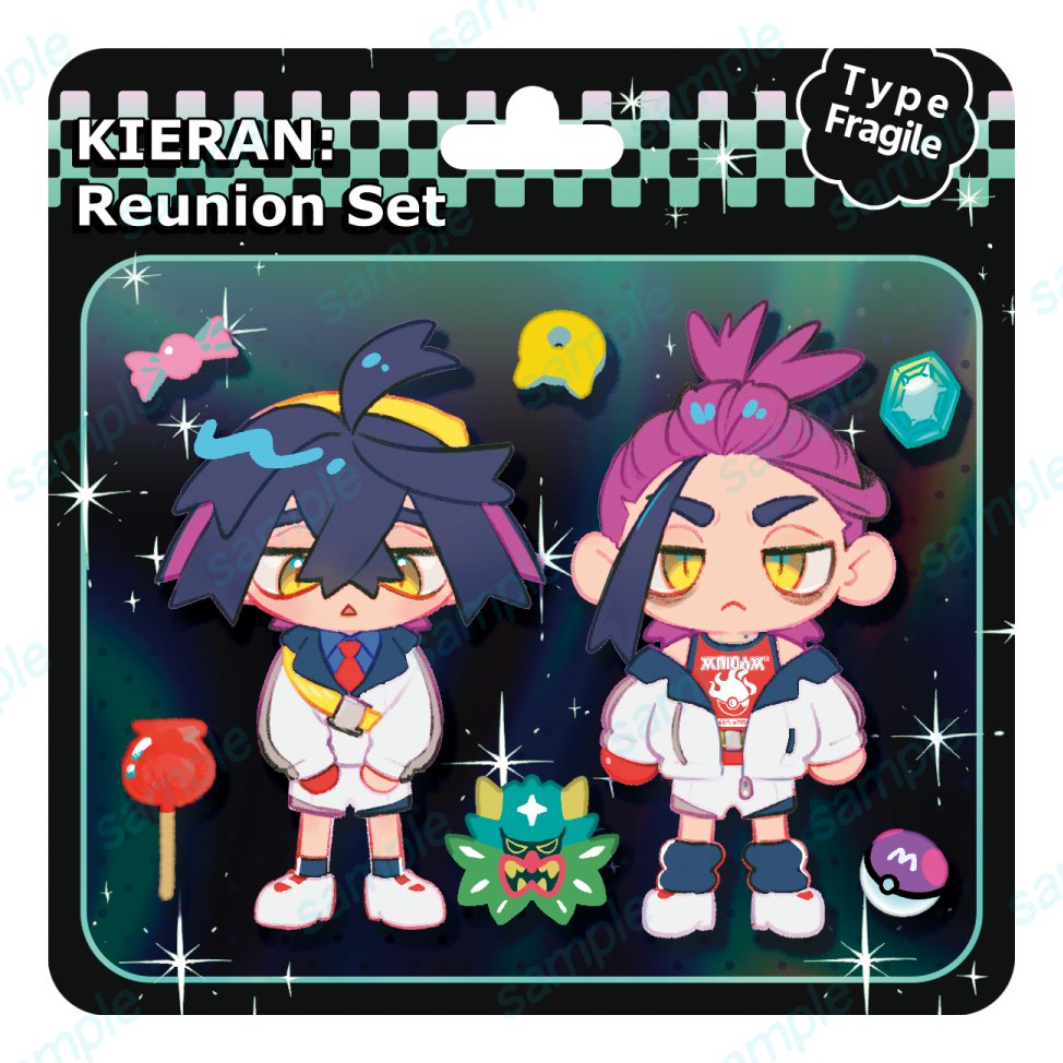 iogi (edrin alfari), kieran (pokemon), ogerpon, nintendo, pokemon, pokemon sv, commentary request, 2boys, :<, blueberry academy school uniform, candy, candy apple, closed mouth, crossed bangs, english text, food, gloves, hairband, jacket, jitome, league club uniform, long sleeves, male focus, master ball, multicolored eyes, multicolored hair, multiple boys, necktie, open mouth, poke ball, red necktie, school uniform, shirt, shoes, shorts, single bang, single glove, sleeveless, sleeveless shirt, slit pupils, sparkle, standing, thick eyebrows, triangle mouth, white jacket, white shoes, yellow hairband