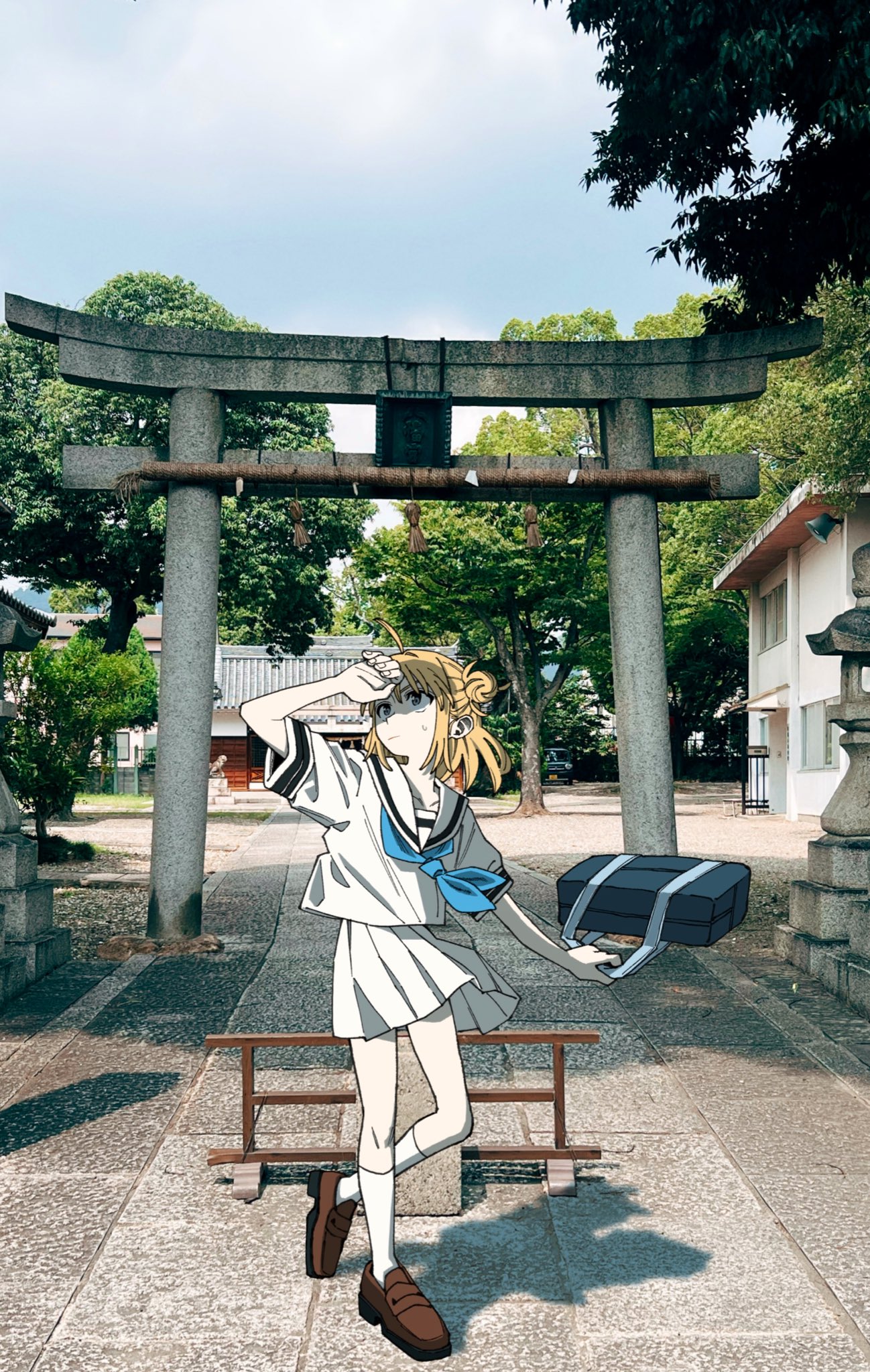 chorohanage, commentary, copyright request, highres, symbol-only commentary, 1girl, ahoge, bag, blonde hair, blue neckerchief, blue sky, brown shoes, closed mouth, collarbone, covering own eyes, day, hair bun, loafers, looking up, neckerchief, photo background, sailor collar, school bag, school uniform, serafuku, shoes, short hair, sky, socks, solo, sweat, temple, torii, tree, white serafuku, white socks