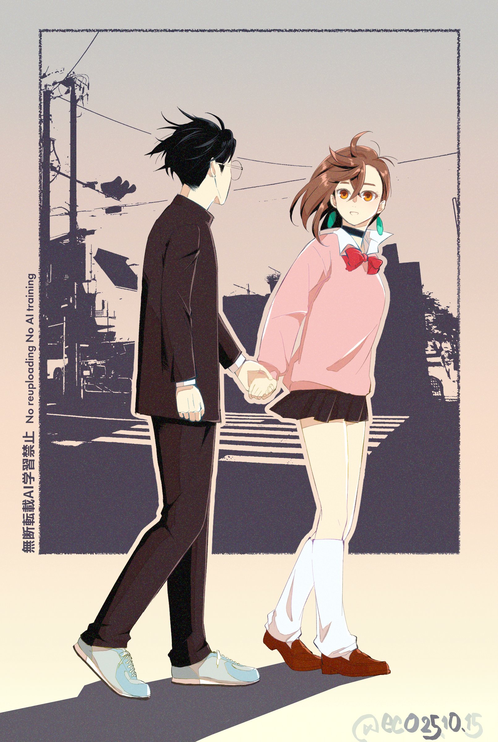 ayase momo, takakura ken (dandadan), dandadan, absurdres, highres, 1boy, 1girl, black choker, black hair, black jacket, black pants, bow, bowtie, brown background, brown eyes, brown hair, brown shoes, choker, collared shirt, couple, crossed bangs, crosswalk, earrings, eco 0000, gakuran, glasses, hair between eyes, hetero, holding hands, jacket, jewelry, loafers, looking at another, loose socks, medium hair, pants, parted lips, pink sweater, pleated skirt, power lines, red bow, red bowtie, round eyewear, school uniform, shirt, shoes, short hair, skirt, sneakers, socks, sweater, twitter username, white shirt, white shoes, white socks