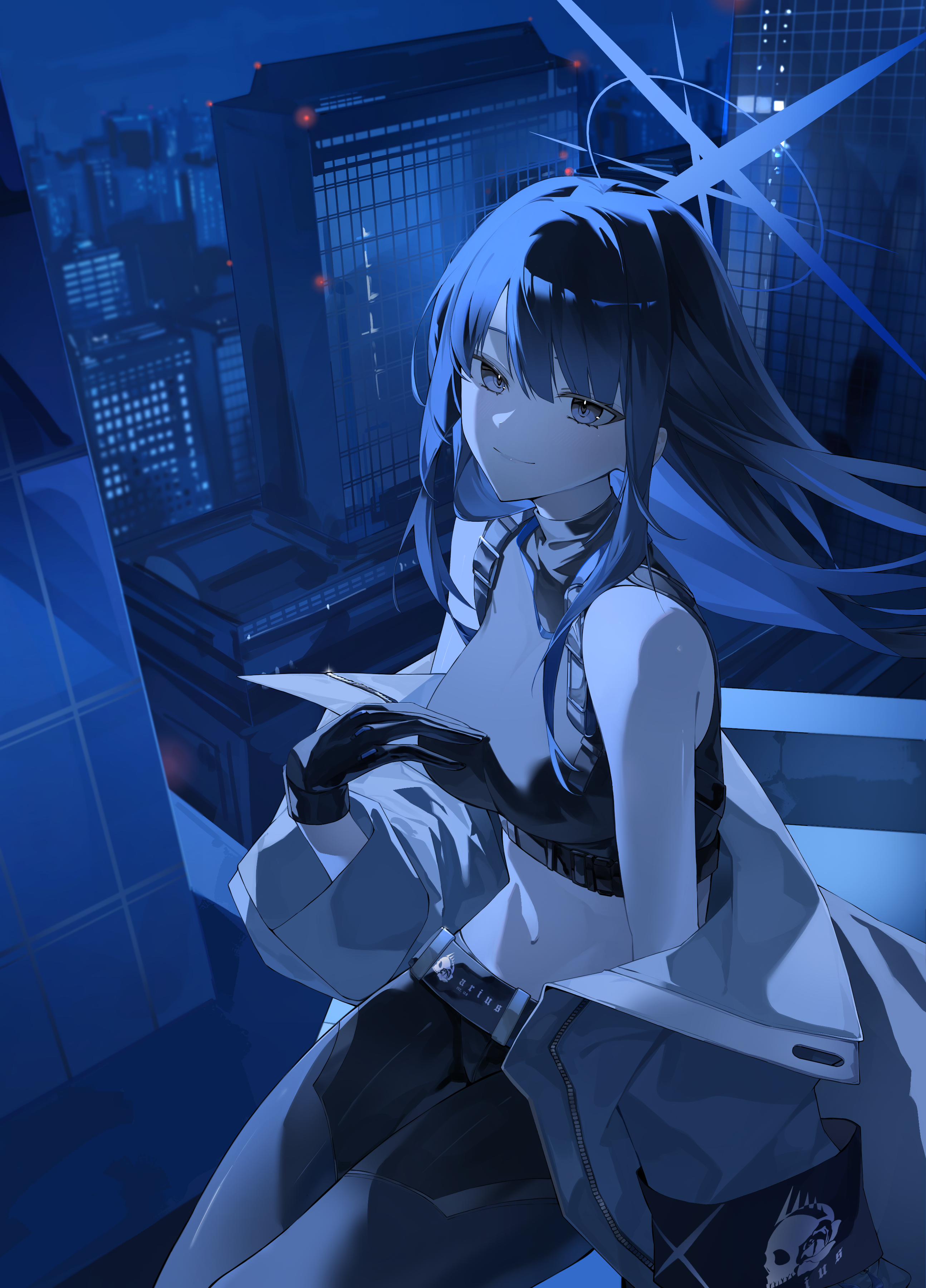 devid (devis515333), saori (blue archive), blue archive, absurdres, highres, 1girl, bare shoulders, black gloves, black hair, black pants, black shirt, blue eyes, blue hair, blue halo, cityscape, closed mouth, colored inner hair, cropped shirt, gloves, hair between eyes, halo, jacket, long hair, looking at viewer, multicolored hair, navel, pants, shirt, sidelocks, sitting, sleeveless, sleeveless shirt, smile, solo, stomach, turtleneck, turtleneck shirt, two-tone hair, white jacket