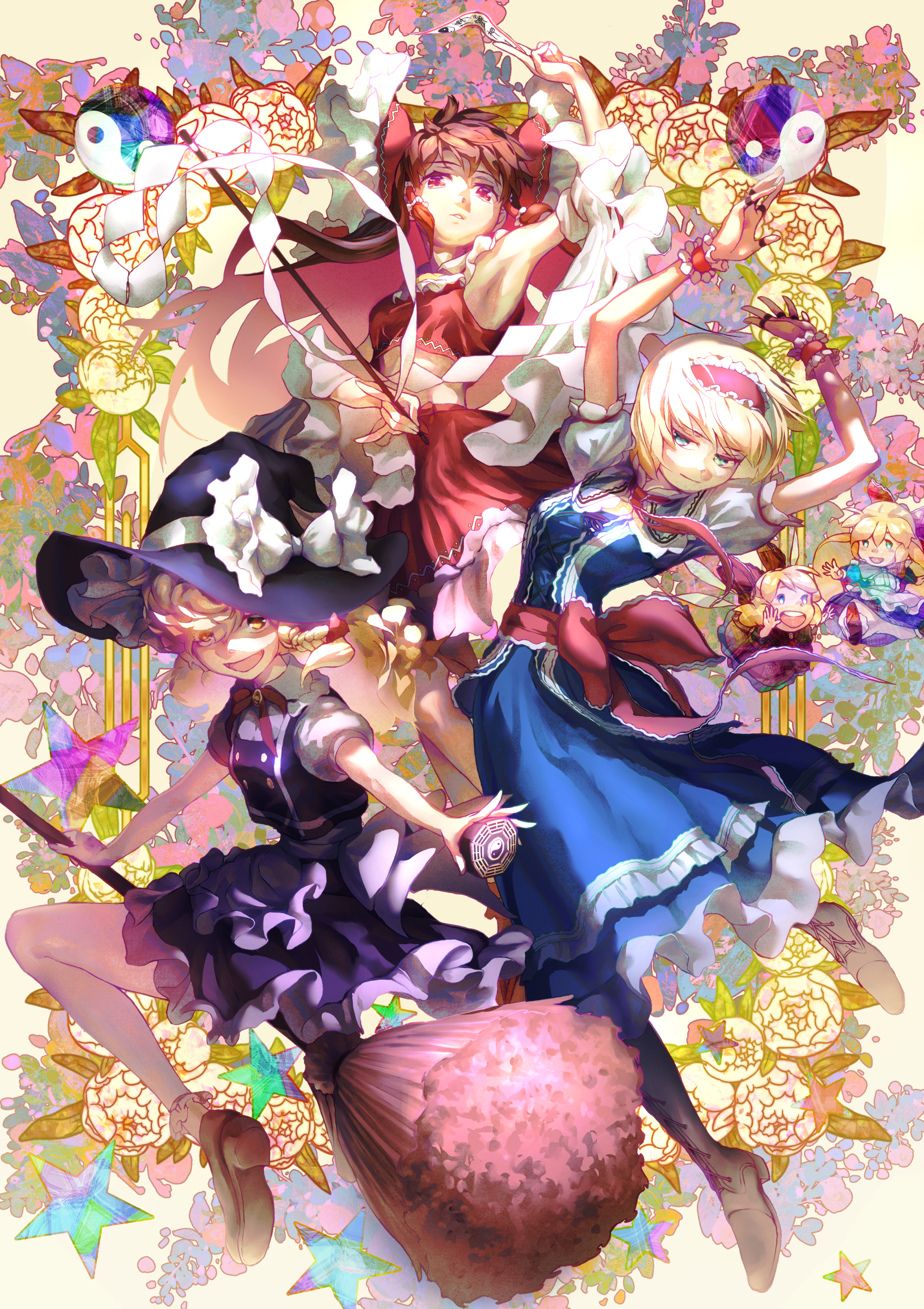 wakichimiu, alice margatroid, hakurei reimu, kirisame marisa, shanghai doll, touhou, absurdres, commentary request, flower request, highres, 3girls, apron, armpits, ascot, between fingers, black hat, black skirt, black vest, blonde hair, blue dress, blue eyes, boots, bow, bowtie, braid, broom, broom riding, brown boots, brown hair, capelet, closed mouth, detached sleeves, doll, dress, flower, frilled bow, frilled hair tubes, frills, gohei, grimoire of alice, hair bow, hair tubes, hairband, hat, hat bow, holding, holding gohei, jewelry, lolita hairband, long hair, midriff, mini-hakkero, multiple girls, navel, ofuda, ofuda between fingers, open mouth, orb, puffy short sleeves, puffy sleeves, puppet rings, red bow, red bowtie, red eyes, red hairband, red skirt, ribbon-trimmed sleeves, ribbon trim, ring, short sleeves, side braid, single braid, skirt, skirt set, smile, vest, waist apron, white bow, white capelet, witch hat, wrist cuffs, yellow ascot, yellow eyes, yellow flower, yin yang, yin yang orb