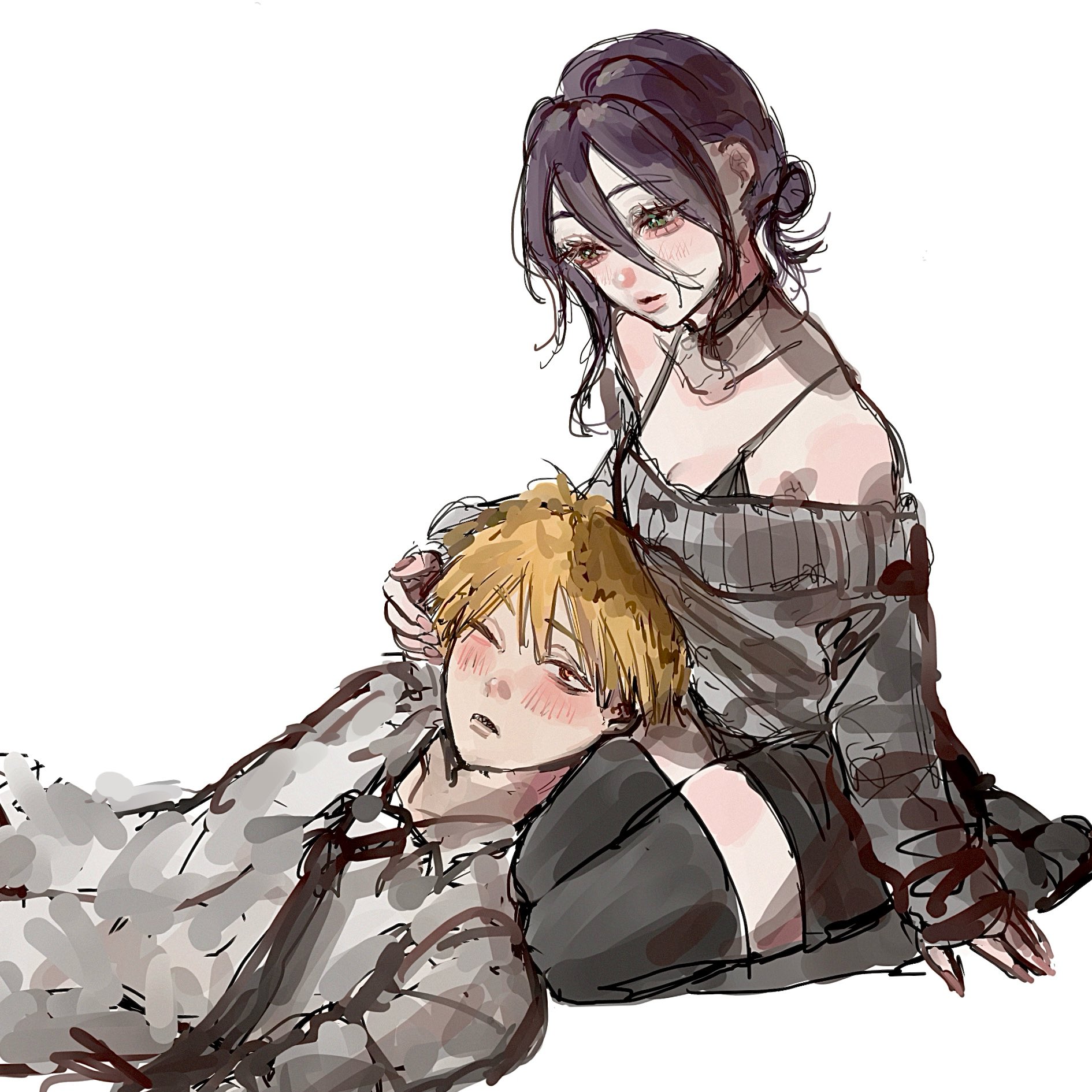 denji (chainsaw man), reze (chainsaw man), chainsaw man, highres, 1boy, 1girl, bare shoulders, black choker, black hair, black necktie, black shoes, black shorts, black thighhighs, blonde hair, blush, breasts, choker, cleavage, collared shirt, couple, grey sweater, hair between eyes, hair bun, hand in another's hair, hetero, kneeling, lap pillow, leigh 113n, medium breasts, medium hair, necktie, off-shoulder sweater, off shoulder, one eye closed, reclining, shirt, shoes, short hair, shorts, sketch, sweater, thighhighs, white background, white shirt