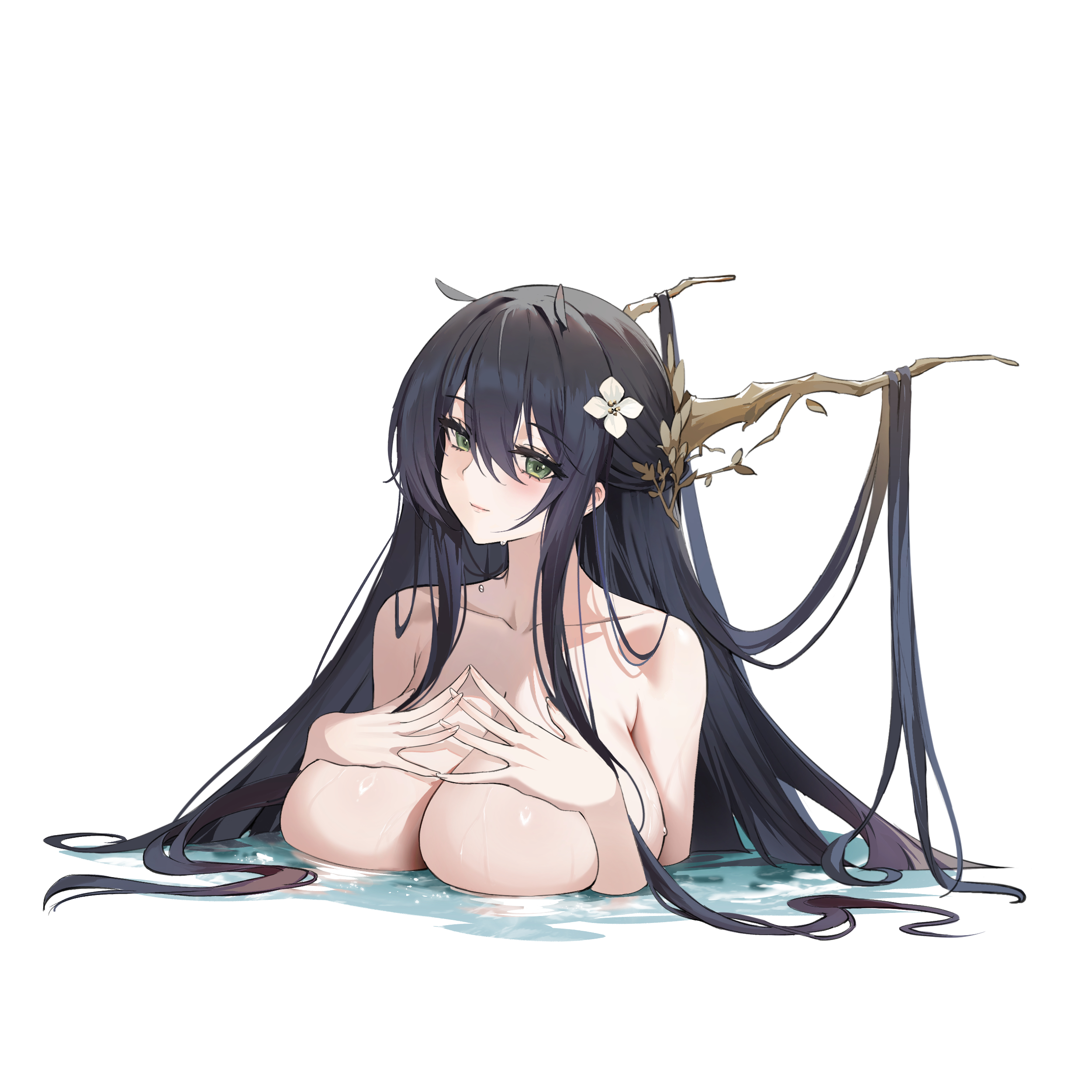 genera-x, indomitable (azur lane), azur lane, absurdres, highres, 1girl, absurdly long hair, antlers, black hair, breasts, hair on horn, hair spread out, horns, large breasts, long hair, simple background, solo, upper body, very long hair, white background
