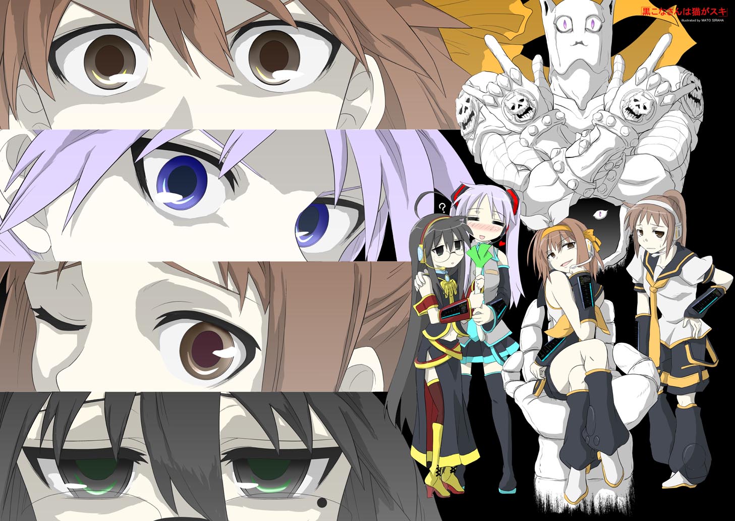 shiraha mato, hatsune miku, hiiragi kagami, izumi konata, kagamine len, kagamine rin, killer queen, kurokona, kyonko, megurine luka, suzumiya haruhi, atlus, jojo no kimyou na bouken, lucky star, persona, suzumiya haruhi no yuuutsu, vocaloid, bad id, bad pixiv id, 4girls, ahoge, cosplay, cut-in, detached sleeves, genderswap, genderswap (mtf), glasses, hatsune miku (cosplay), kagamine len (cosplay), kagamine rin (cosplay), megurine luka (cosplay), mole, mole under eye, multiple girls, parody, persona eyes, ponytail, spring onion, stand (jojo), thighhighs, twintails