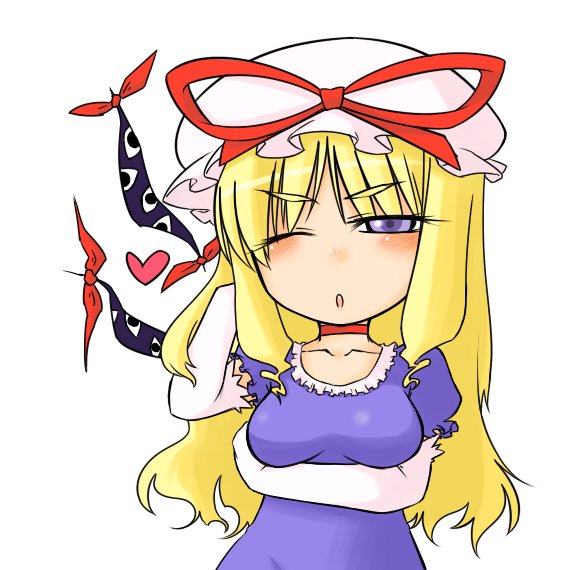 ogihara mach, yakumo yukari, touhou, bad id, bad pixiv id, 1girl, blonde hair, breasts, dress, female focus, gap (touhou), hat, heart, long hair, purple eyes, ribbon, simple background, solo, white background