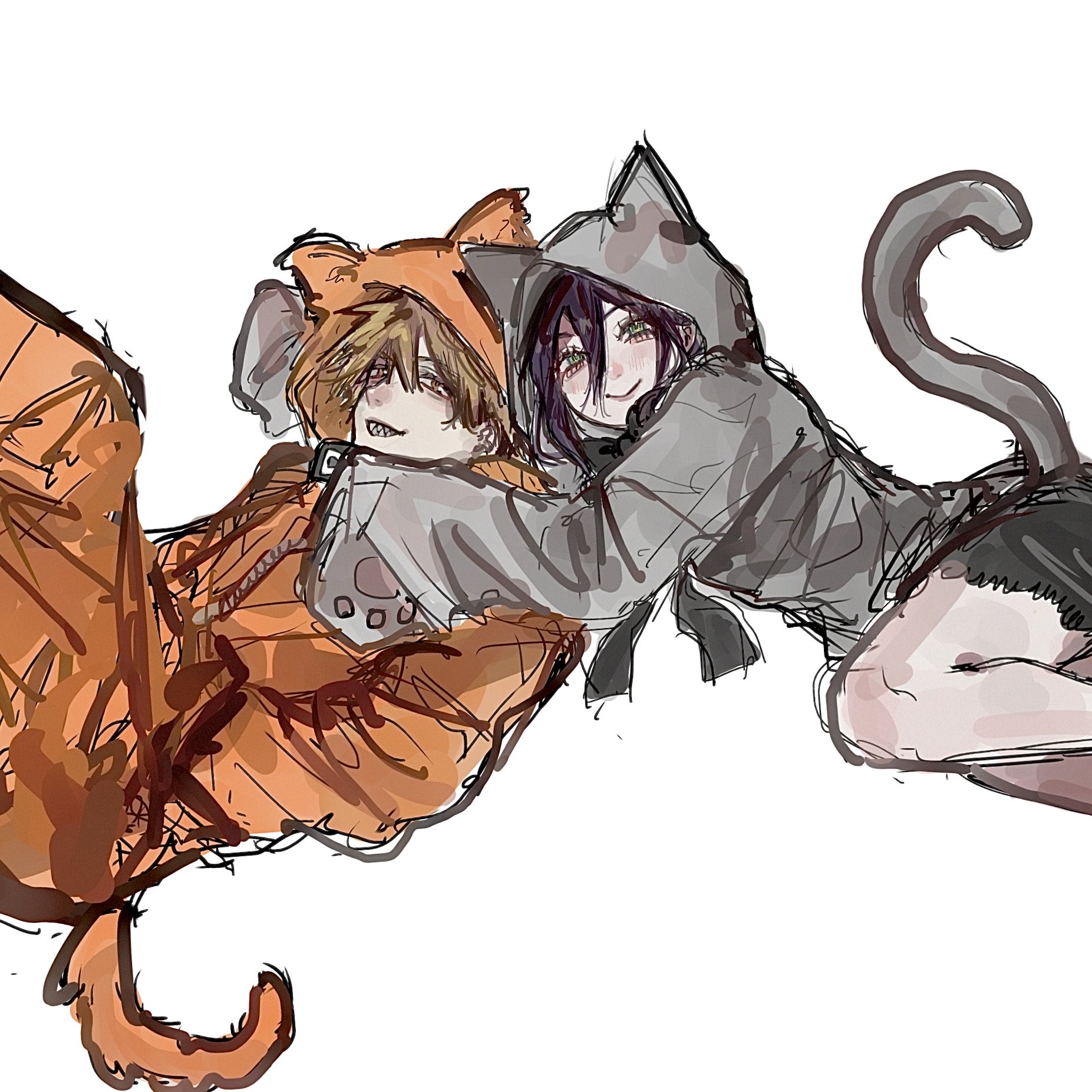 denji (chainsaw man), reze (chainsaw man), chainsaw man, highres, 1boy, 1girl, animal ear hood, animal ears, black bow, black bowtie, black shorts, blonde hair, bow, bowtie, cat ears, cat tail, fake animal ears, grey hoodie, hair between eyes, hood, hood up, hoodie, leigh 113n, light blush, orange hoodie, orange pants, pants, parted lips, paw print palms, purple hair, sharp teeth, shorts, sketch, smile, tail, teeth, white background
