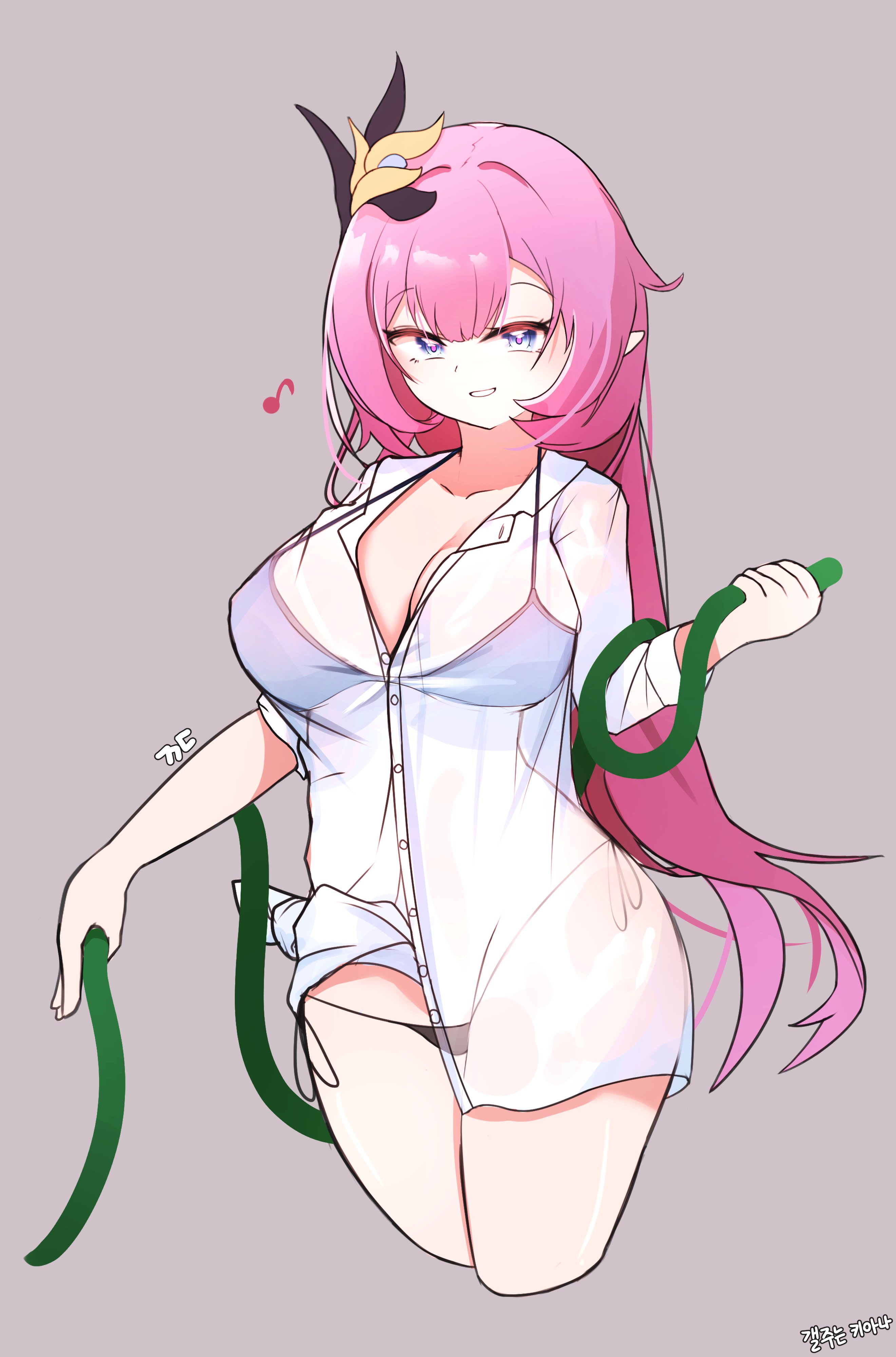 elysia (honkai impact), elysia (miss pink elf) (honkai impact), hanako (blue archive), hanako (swimsuit) (blue archive), blue archive, honkai (series), honkai impact 3rd, absurdres, highres, translation request, 1girl, bikini, black bikini, blue eyes, breasts, cleavage, cosplay, cropped legs, dr3amoon, elf, grey background, hair ornament, hanako (blue archive) (cosplay), holding, holding hose, hose, korean text, large breasts, looking at viewer, musical note, pink hair, pointy ears, see-through clothes, see-through shirt, shirt, simple background, smug, solo, swimsuit, white shirt