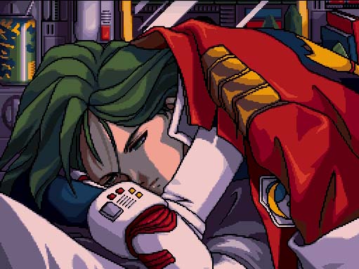 yamazaki kaoru (snk), blazing star, pulstar, snk, tagme, 1990s (style), 1girl, female focus, green hair, half-closed eyes, pixel art, retro artstyle, solo, waking up