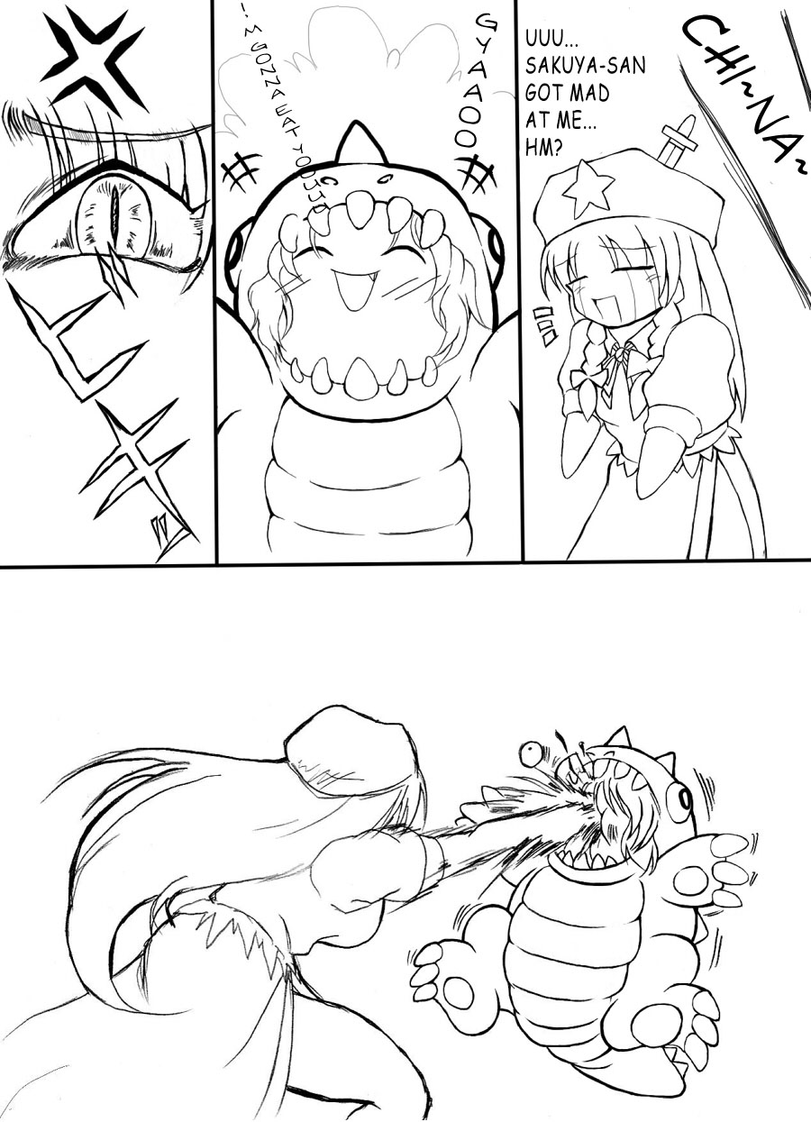 hong meiling, remilia scarlet, yukkuri remilia, immaterial and missing power, touhou, artist request, hard-translated, highres, third-party edit, translated, 1girl, bodied yukkuri, comic, english text, eye loss, female focus, greyscale, guro, monochrome, punching, yukkuri shiteitte ne