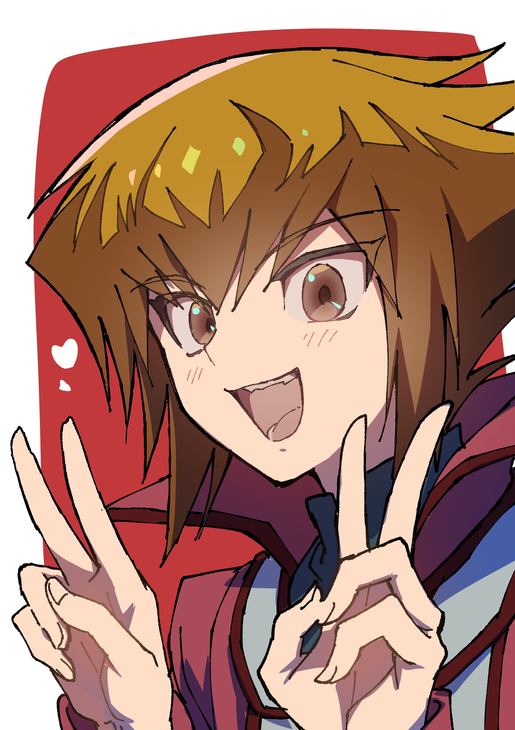 youko-shima, yuki judai, yu-gi-oh!, yu-gi-oh! gx, absurdres, highres, 1boy, black shirt, border, brown eyes, brown hair, double v, duel academy uniform (yu-gi-oh! gx), jacket, male focus, red background, red jacket, shirt, simple background, solo, upper body, v, white border