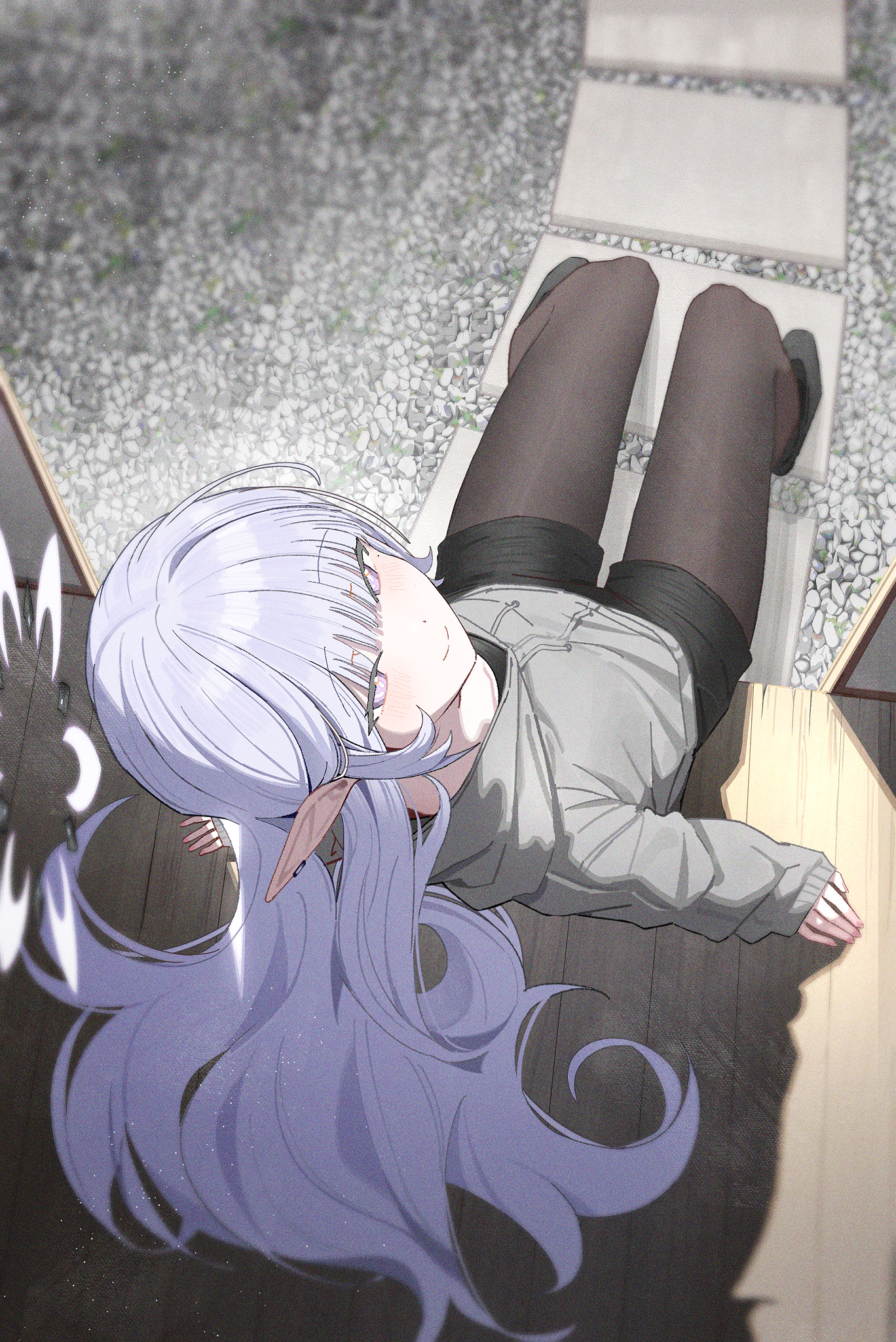 zanya 000, himari (blue archive), blue archive, highres, 1girl, alternate costume, black pantyhose, black shorts, blush, closed mouth, from above, grey hair, grey hoodie, hood, hoodie, long hair, long pointy ears, pantyhose, pointy ears, purple eyes, shorts, sidelocks, sitting, smile, solo